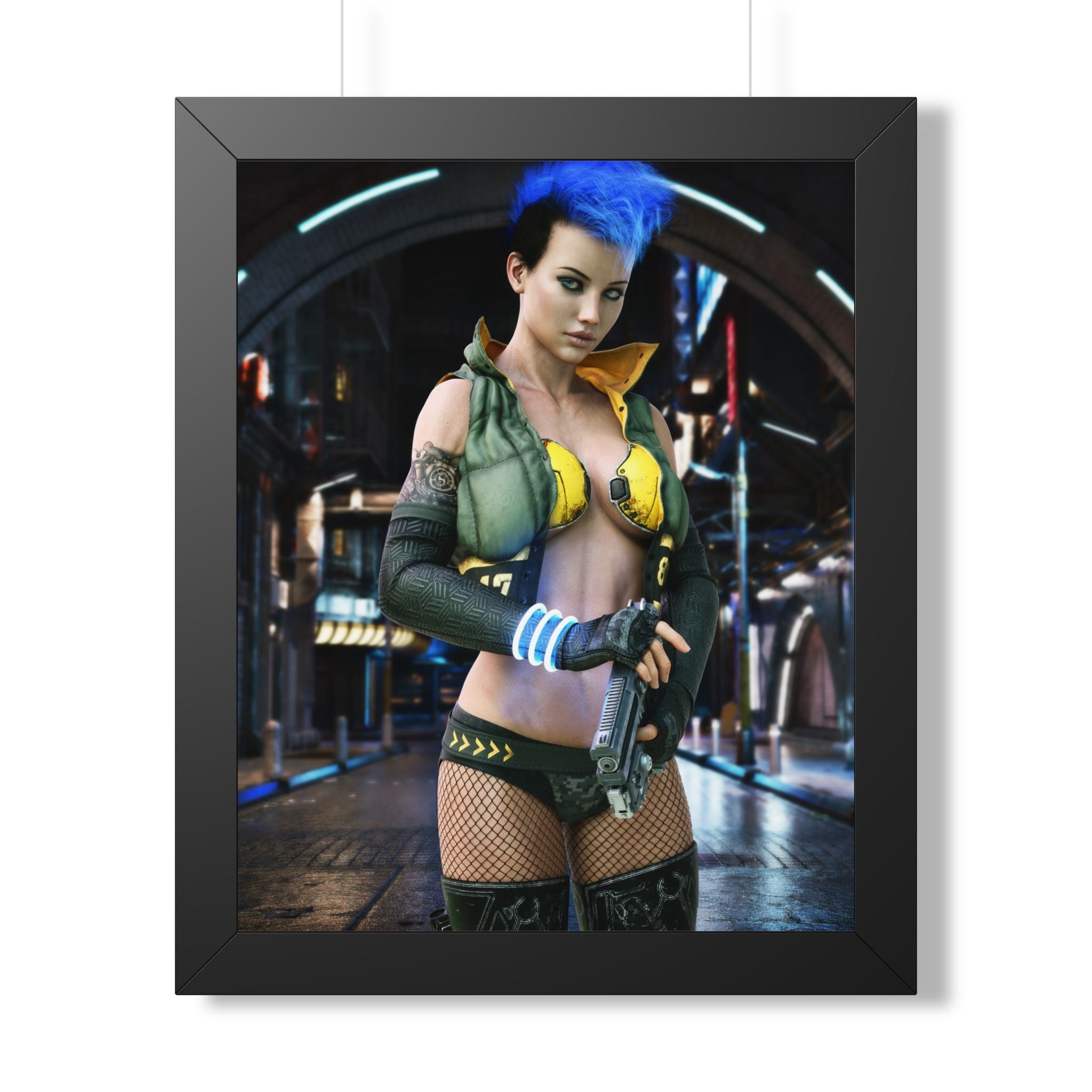 Cyberpunk Bounty Hunter Framed Poster — Futuristic Sci‑Fi Wall Art- No AI- Human created illustration art