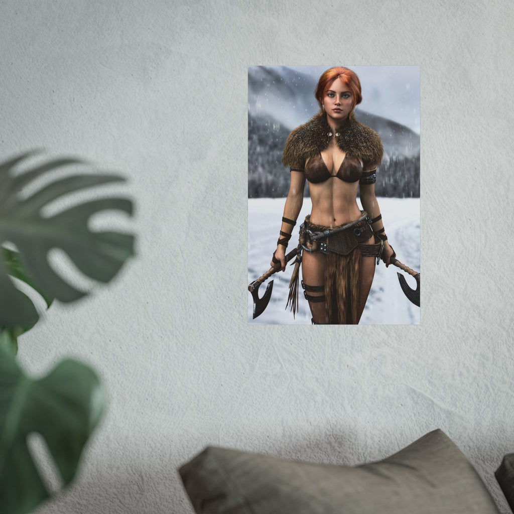 Viking Warrior Woman Fine Art Poster — Red-Haired Norse Axe Fighter Print