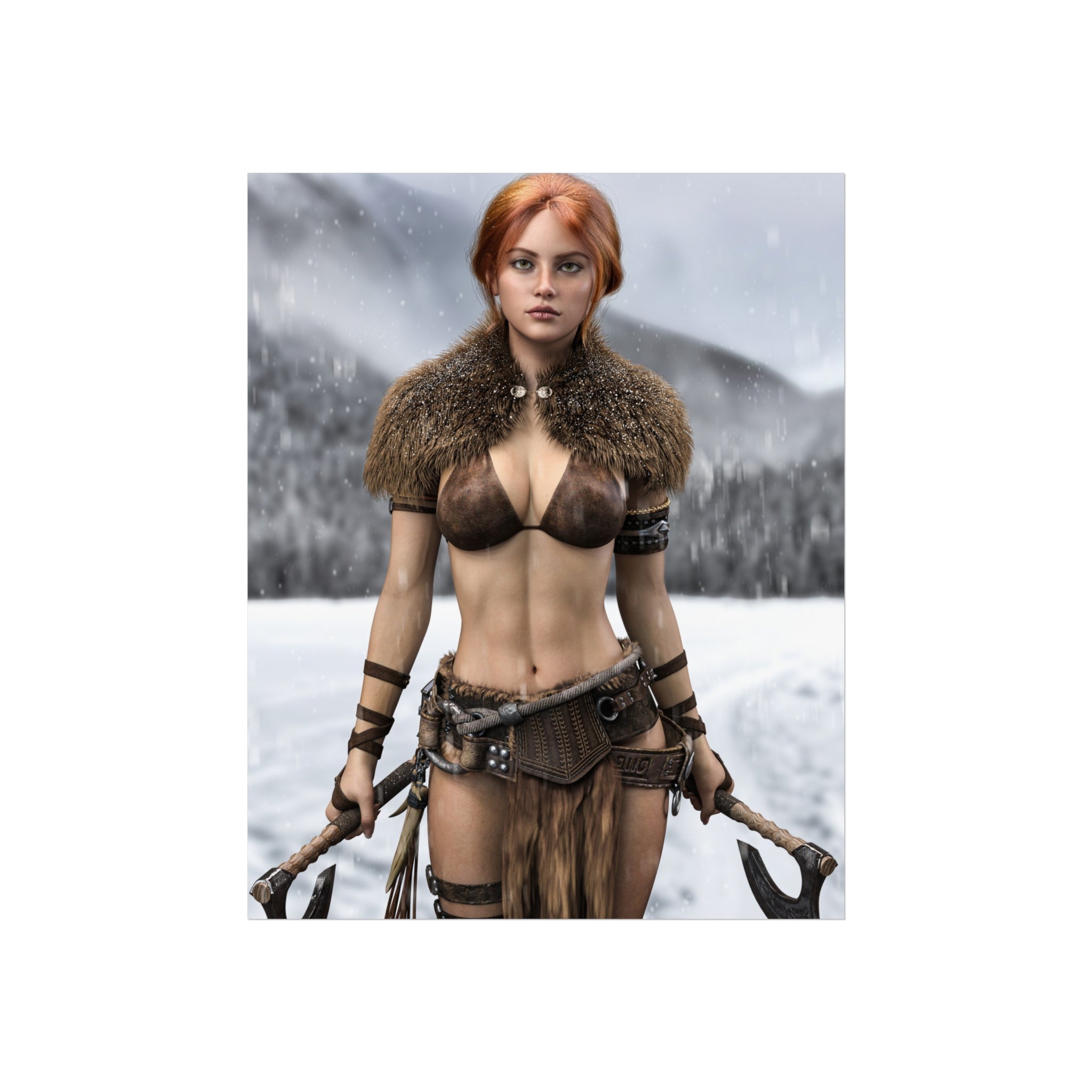 Viking Warrior Woman Fine Art Poster — Red-Haired Norse Axe Fighter Print