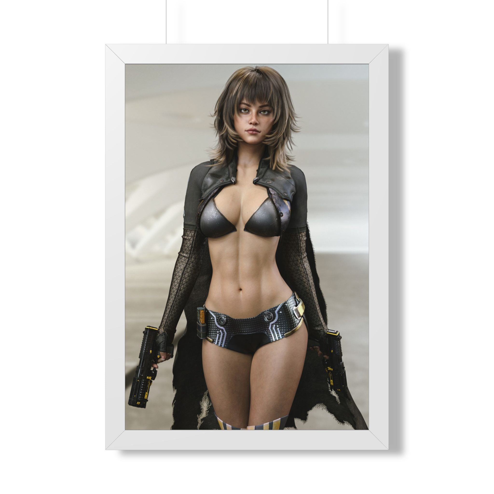 Framed Poster — Futuristic Female Warrior Art Print- No AI - Human created illustration art
