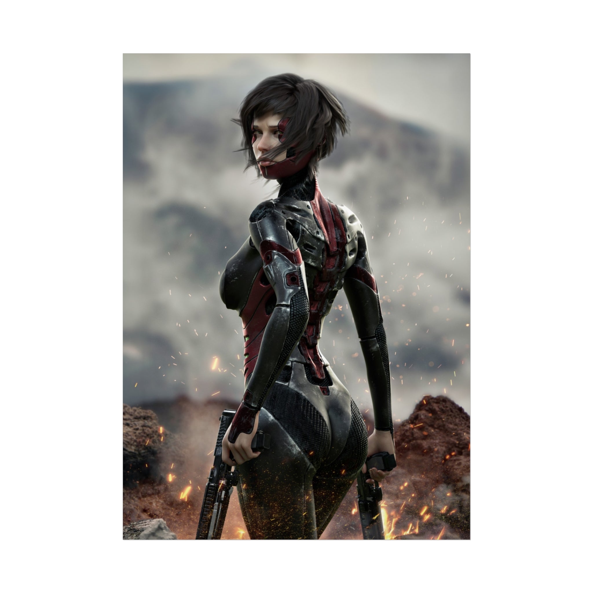 Póster de arte fino de guerrera de ciencia ficción — Arte de pared de soldado cibernética femenina - Sin IA - Arte ilustrativo creado por humanos