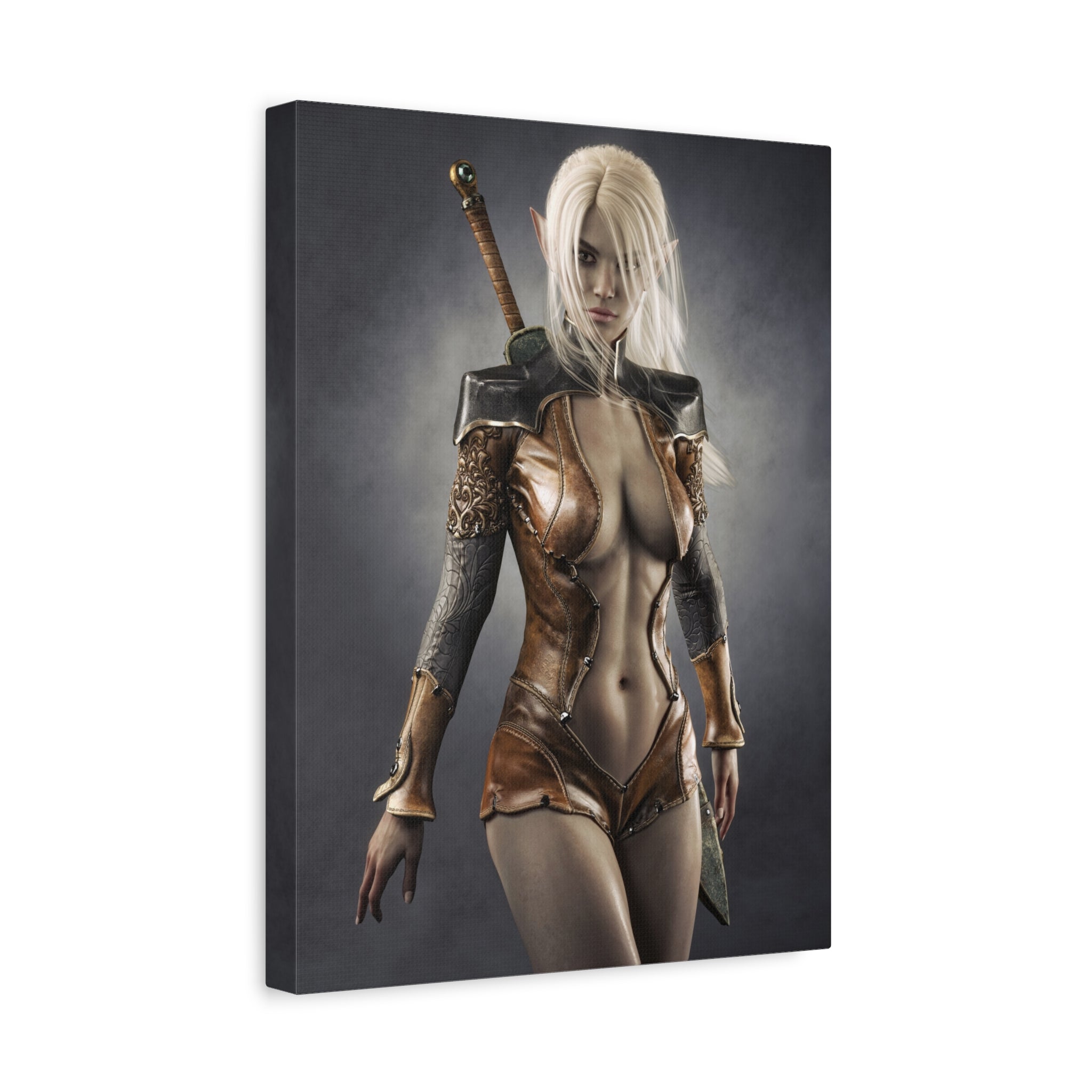 Fantasy Warrior Elf Canvas Print — Sexy Female Swordfighter Matte Stretched Art- No AI- Human created illuration art
