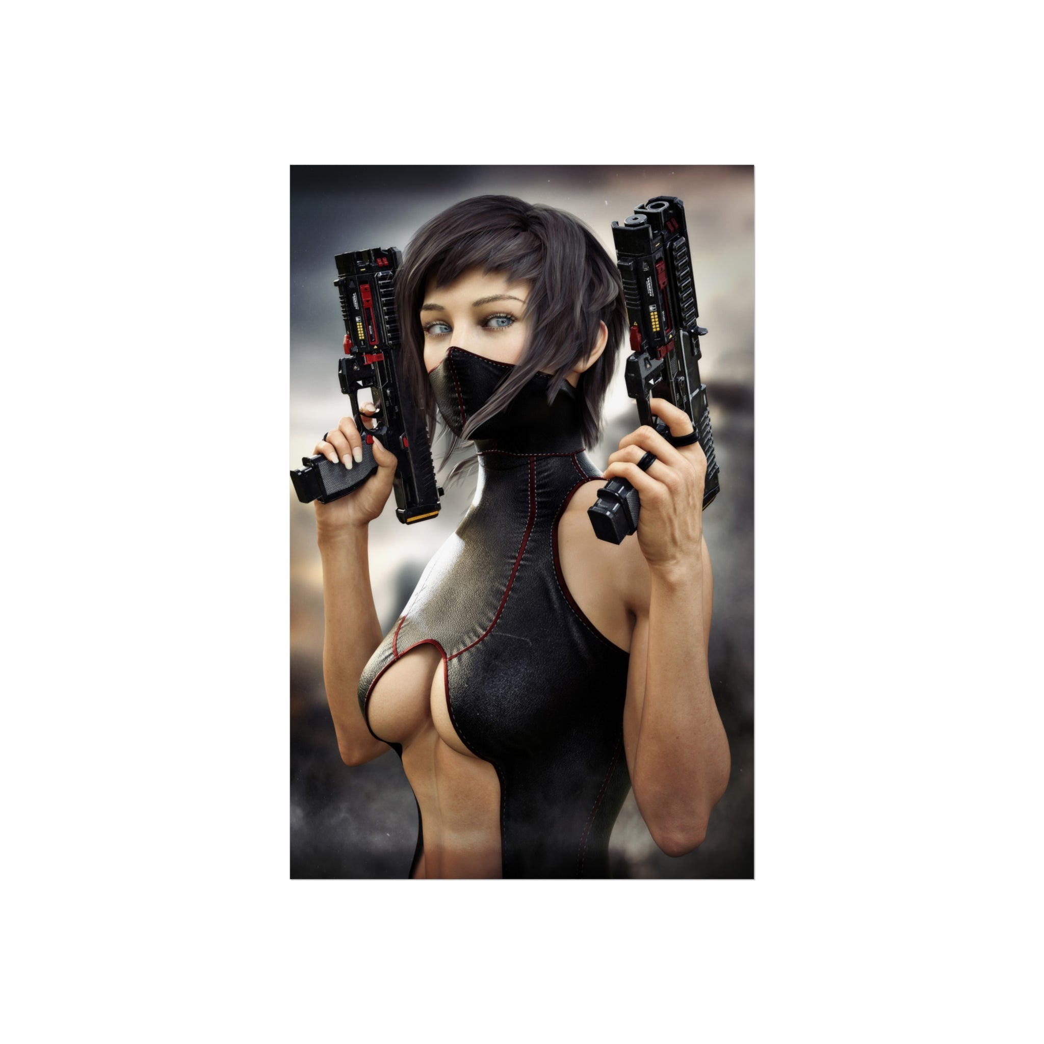 Póster de arte fino de asesina ciberpunk — Arte de pared de pistolera futurista - No IA - Ilustración creada por humanos