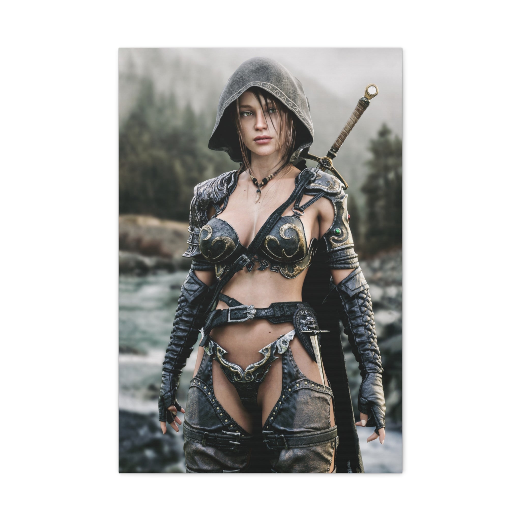 Female Warrior Ranger Fantasy Canvas Print - Matte Stretched Wall Art - No AI - Human created illustration art