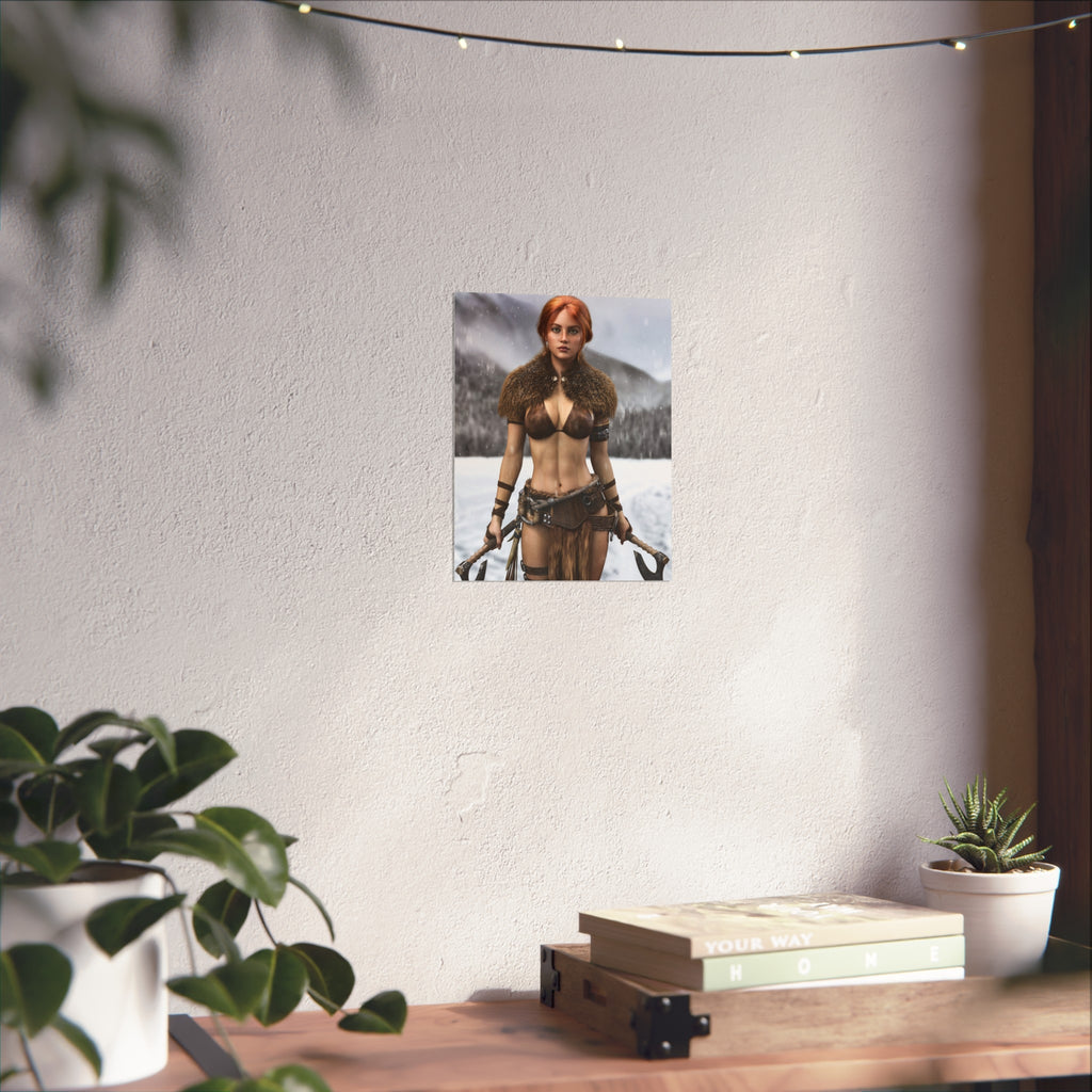 Viking Warrior Woman Fine Art Poster — Red-Haired Norse Axe Fighter Print