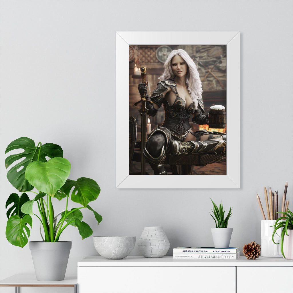 Fantasy Warrior Woman Framed Poster — Medieval Armor in Tavern Art Print- No AI- Human created illustration art