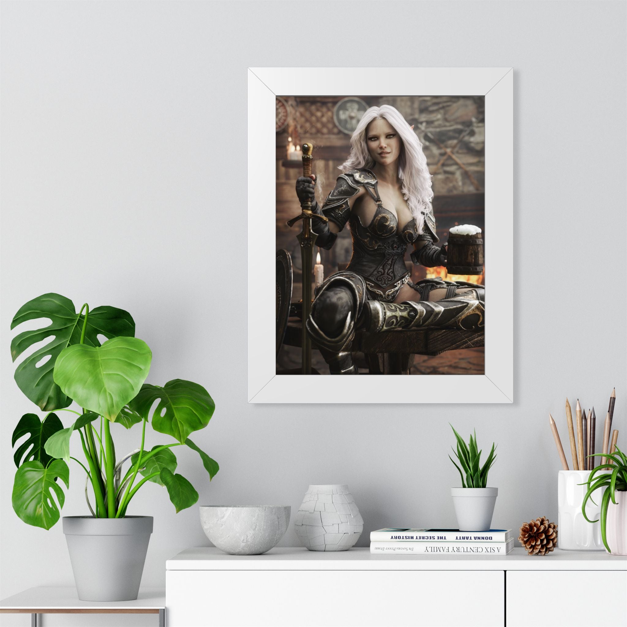 Fantasy Warrior Woman Framed Poster — Medieval Armor in Tavern Art Print- No AI- Human created illustration art