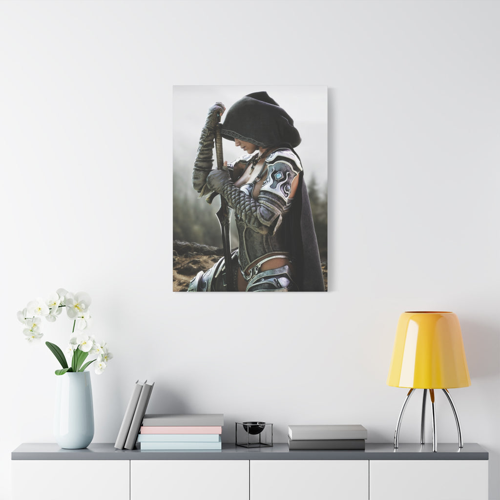 Fantasy Warrior Canvas Print — Hooded Female Knight Matte Stretched Wall Art- No AI- Human created fantasy art