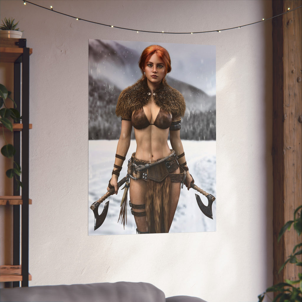 Viking Warrior Woman Fine Art Poster — Red-Haired Norse Axe Fighter Print