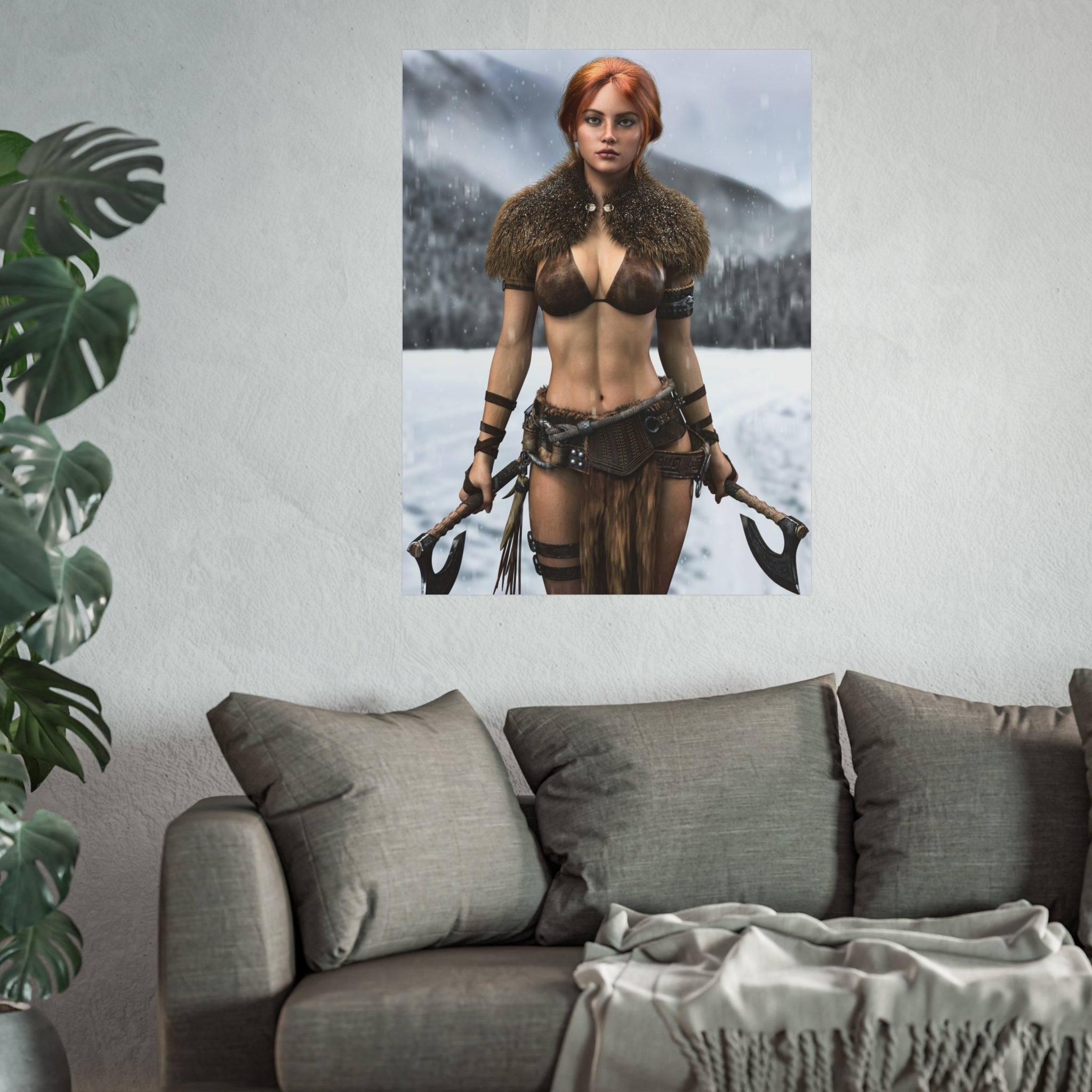 Viking Warrior Woman Fine Art Poster — Red-Haired Norse Axe Fighter Print