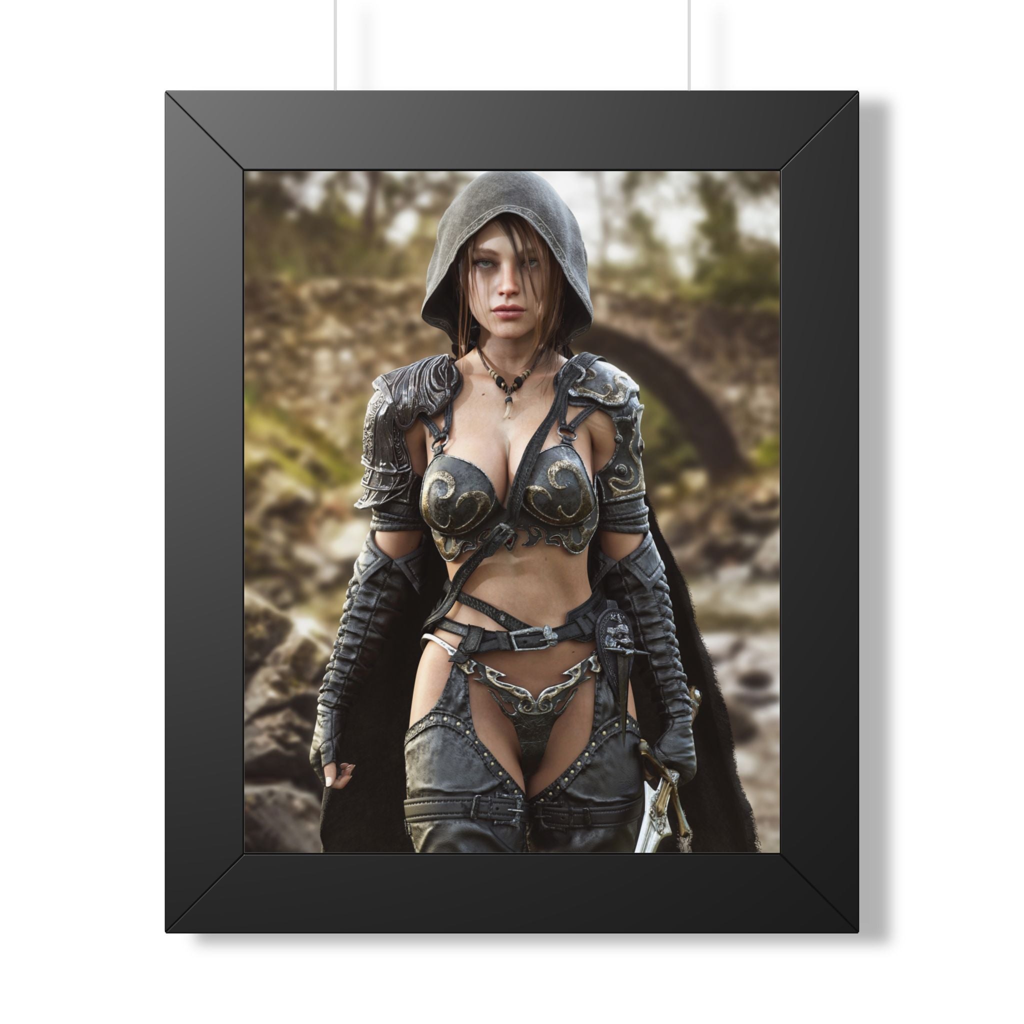 Fantasy wall art featuring a hooded female ranger in ornate armor, carrying a sword through a woodland path in a richly detailed adventure scene.