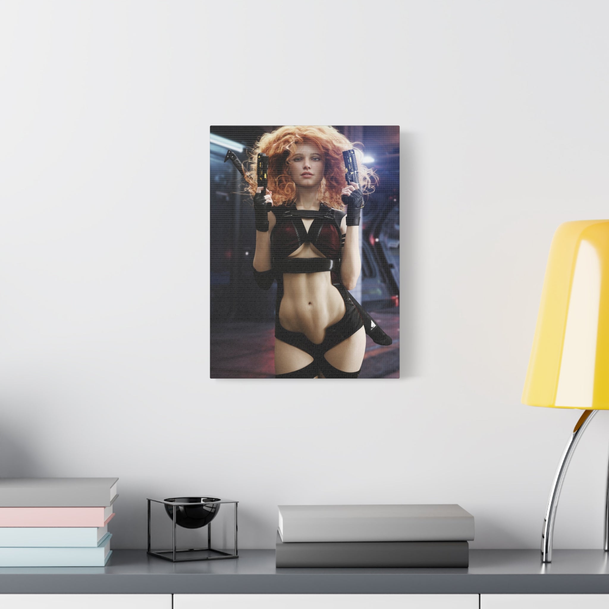Sci‑Fi Femme Fatale Canvas Print — Red‑Haired Space Gunslinger Matte Stretched- No AI - Human created illustration art
