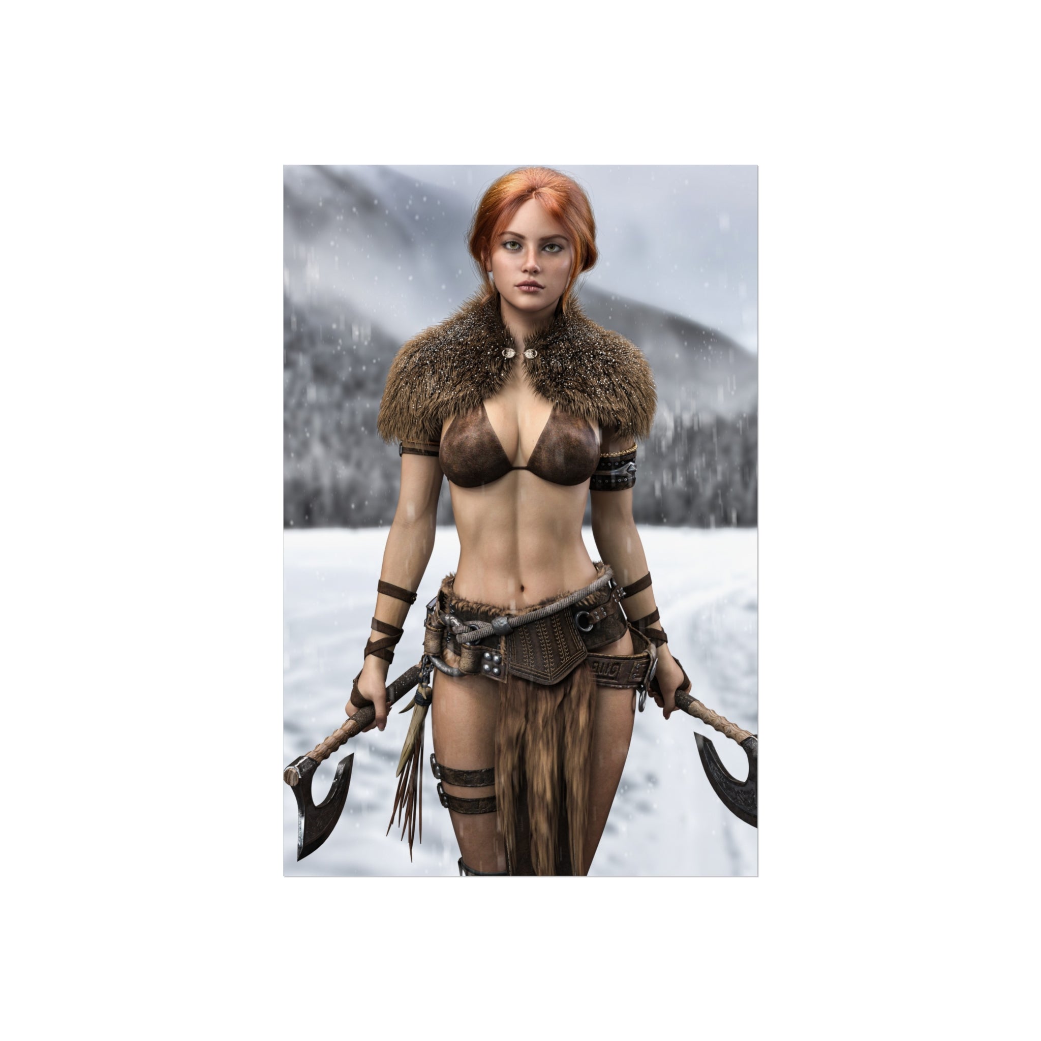 Viking Warrior Woman Fine Art Poster — Red-Haired Norse Axe Fighter Print