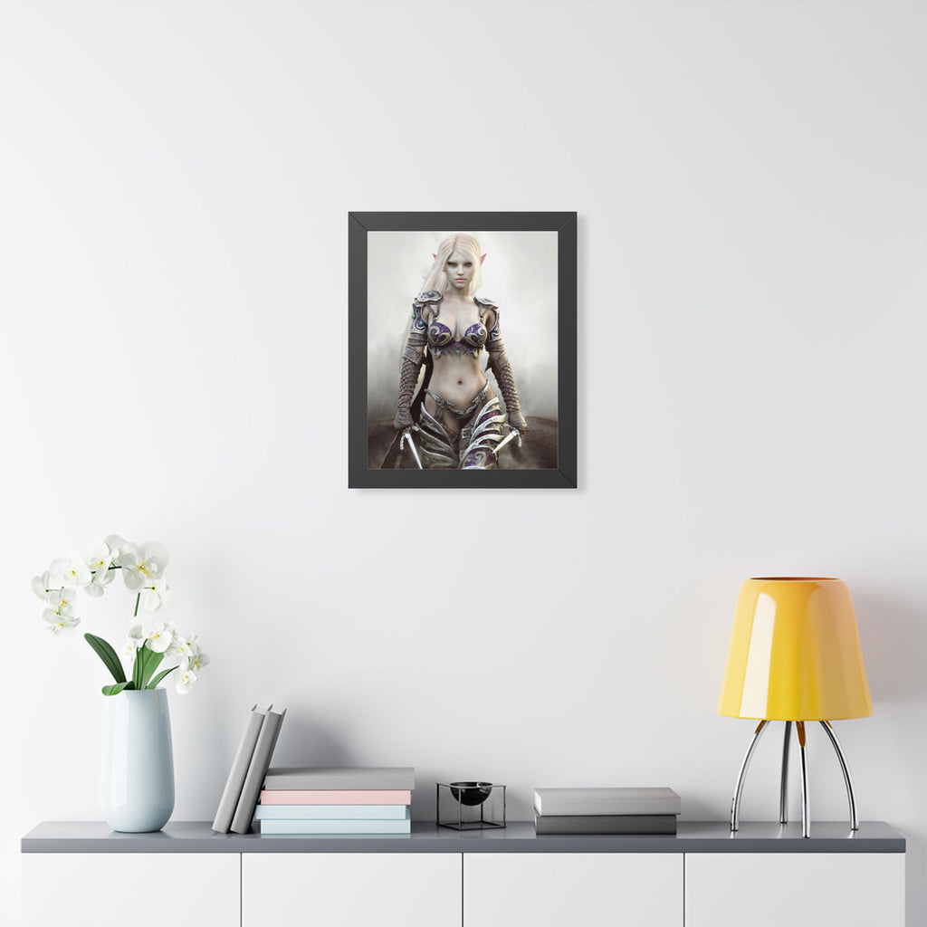 Framed Poster — Fantasy Dark Elf Elven Warrior Art Print - No AI- Human created illustration art