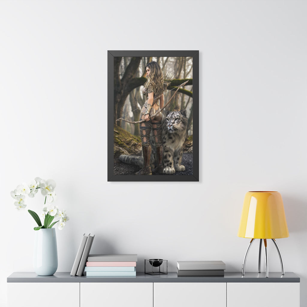 Framed Poster — Forest Huntress with Leopard Fantasy Art
