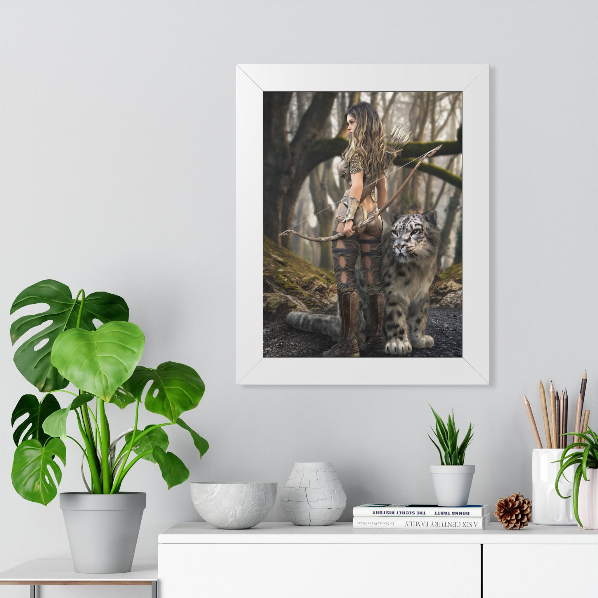 Framed Poster — Forest Huntress with Leopard Fantasy Art