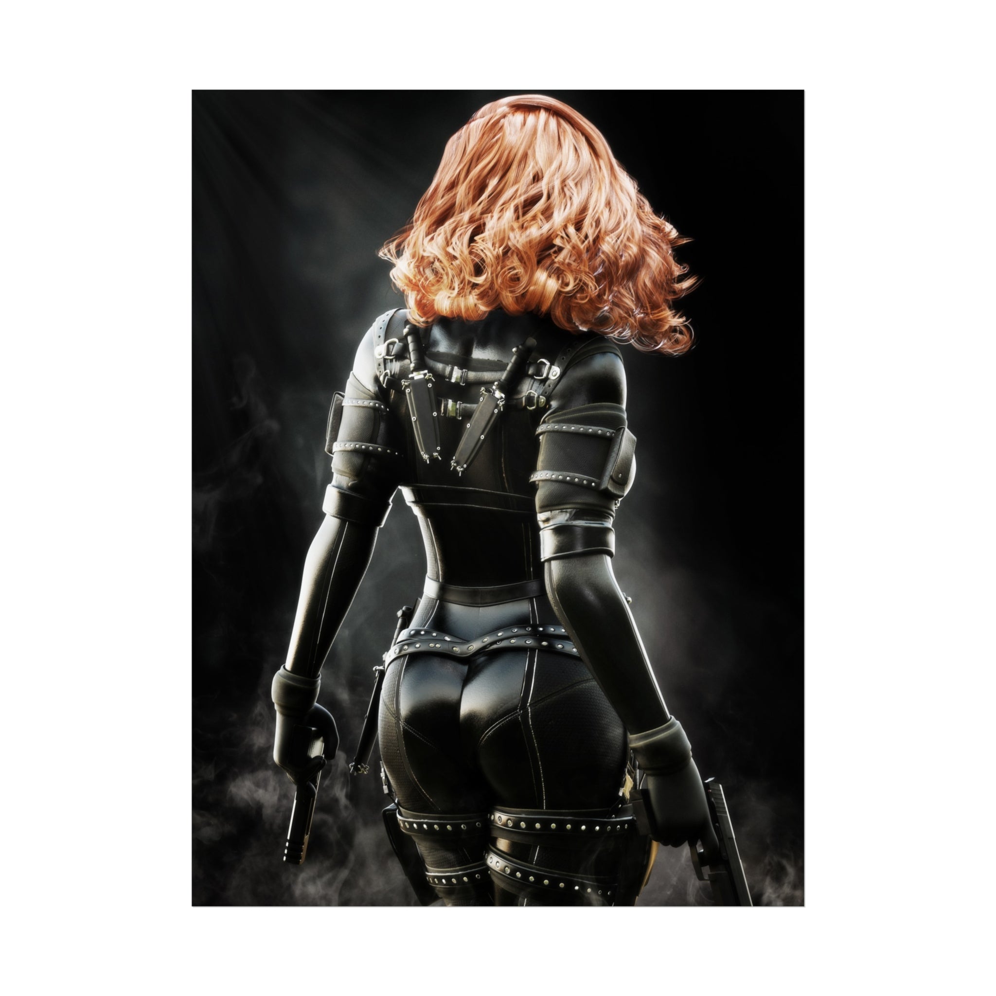 Póster de arte inspirado en Black Widow — Arte de pared de asesina de cuero Femme Fatale - Sin IA - Ilustración creada por humanos