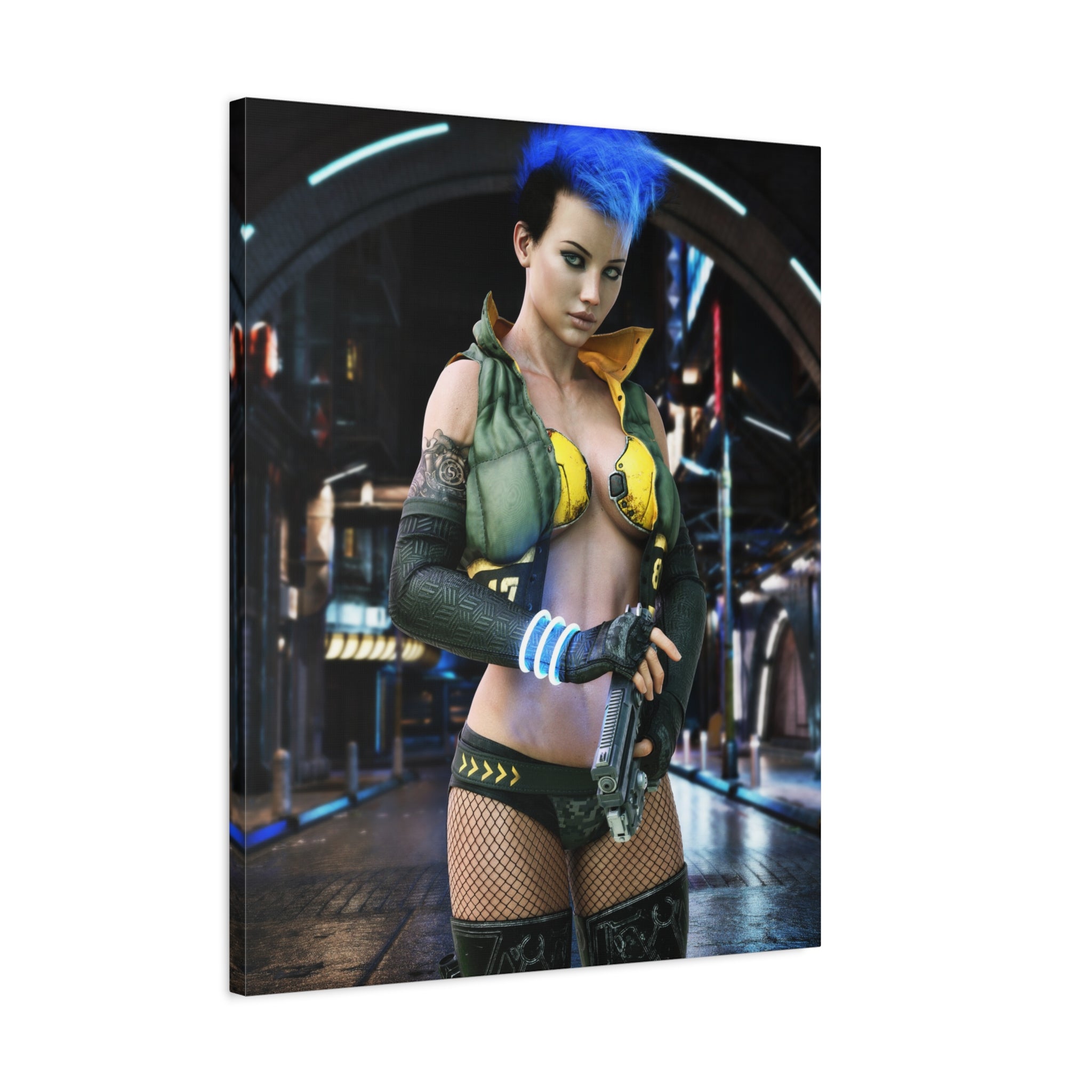 Cyberpunk Femme Fatale Canvas Print — Matte Stretched Wall Art -No AI- Human created illustration art