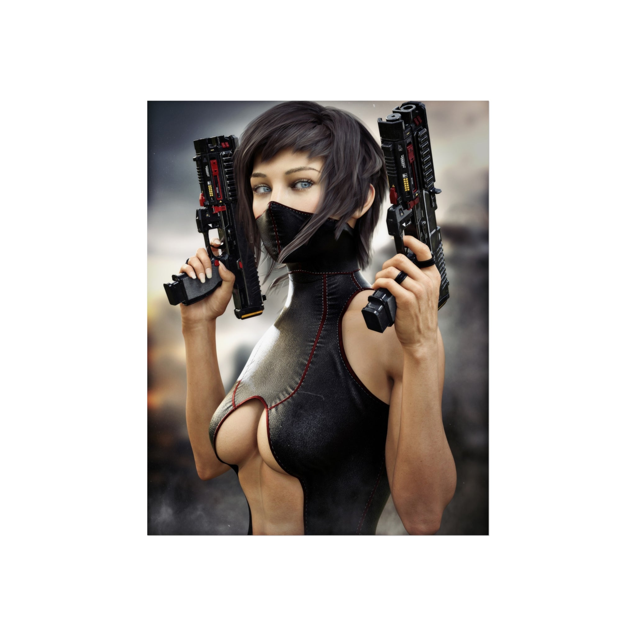 Póster de arte fino de asesina ciberpunk — Arte de pared de pistolera futurista - No IA - Ilustración creada por humanos