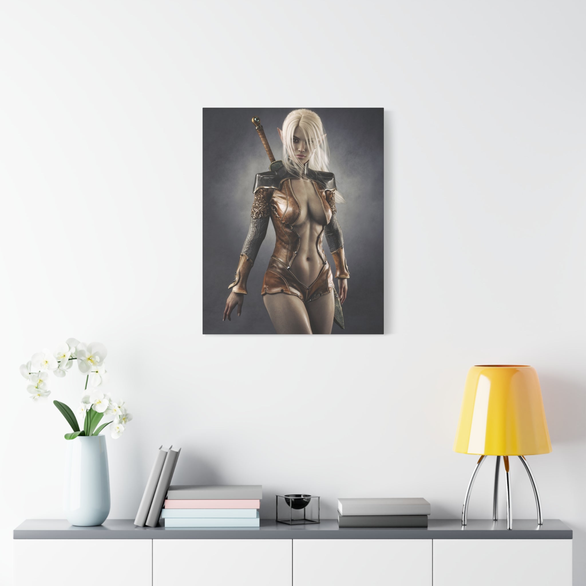 Fantasy Warrior Elf Canvas Print — Sexy Female Swordfighter Matte Stretched Art- No AI- Human created illuration art