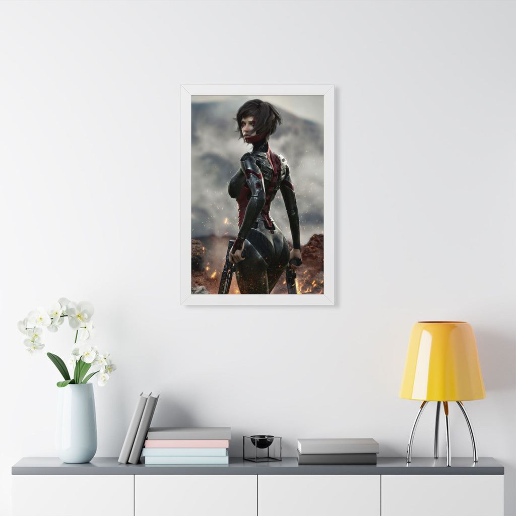 Framed Poster — Futuristic Sci‑Fi Female Warrior Art Print- No AI - Human created illustration art