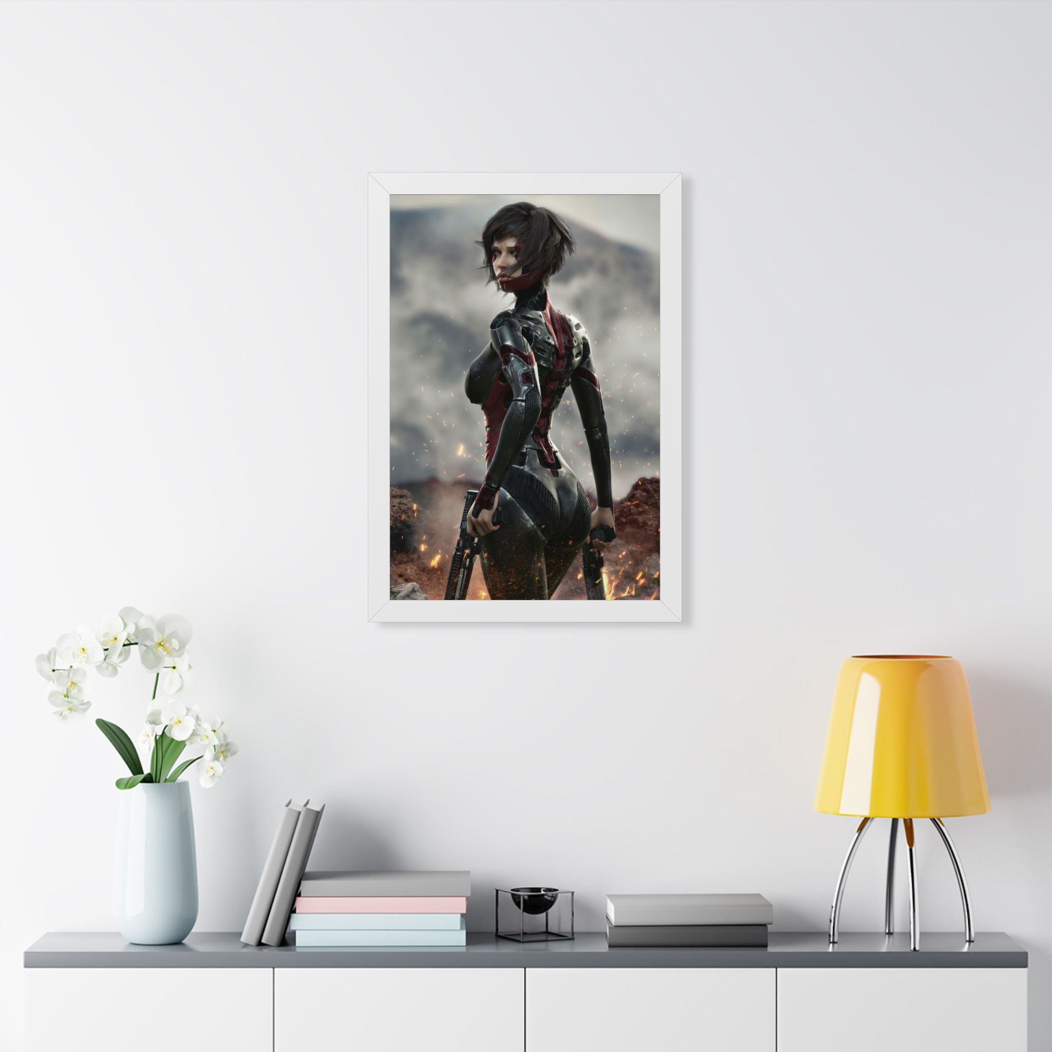 Framed Poster — Futuristic Sci‑Fi Female Warrior Art Print- No AI - Human created illustration art