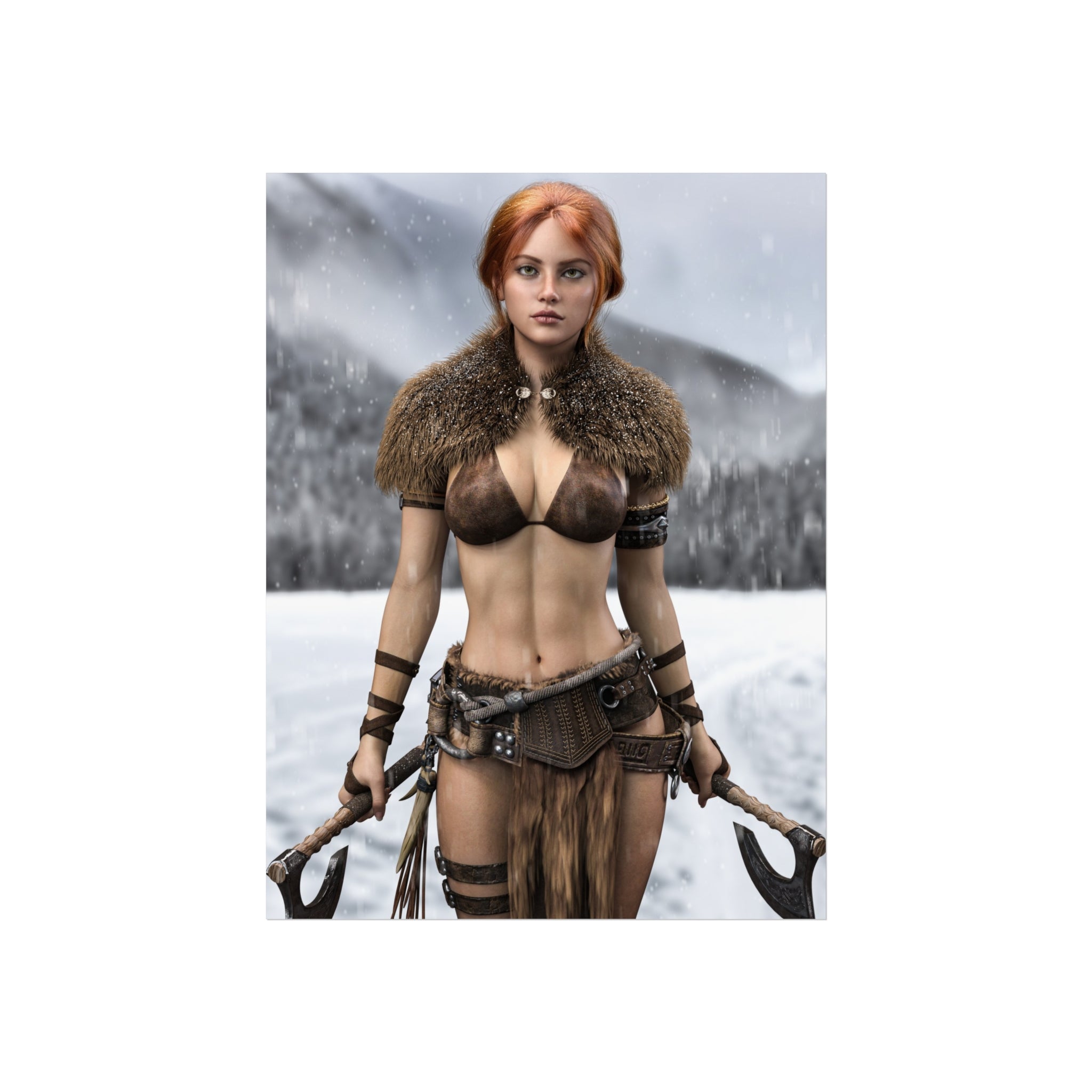 Viking Warrior Woman Fine Art Poster — Red-Haired Norse Axe Fighter Print