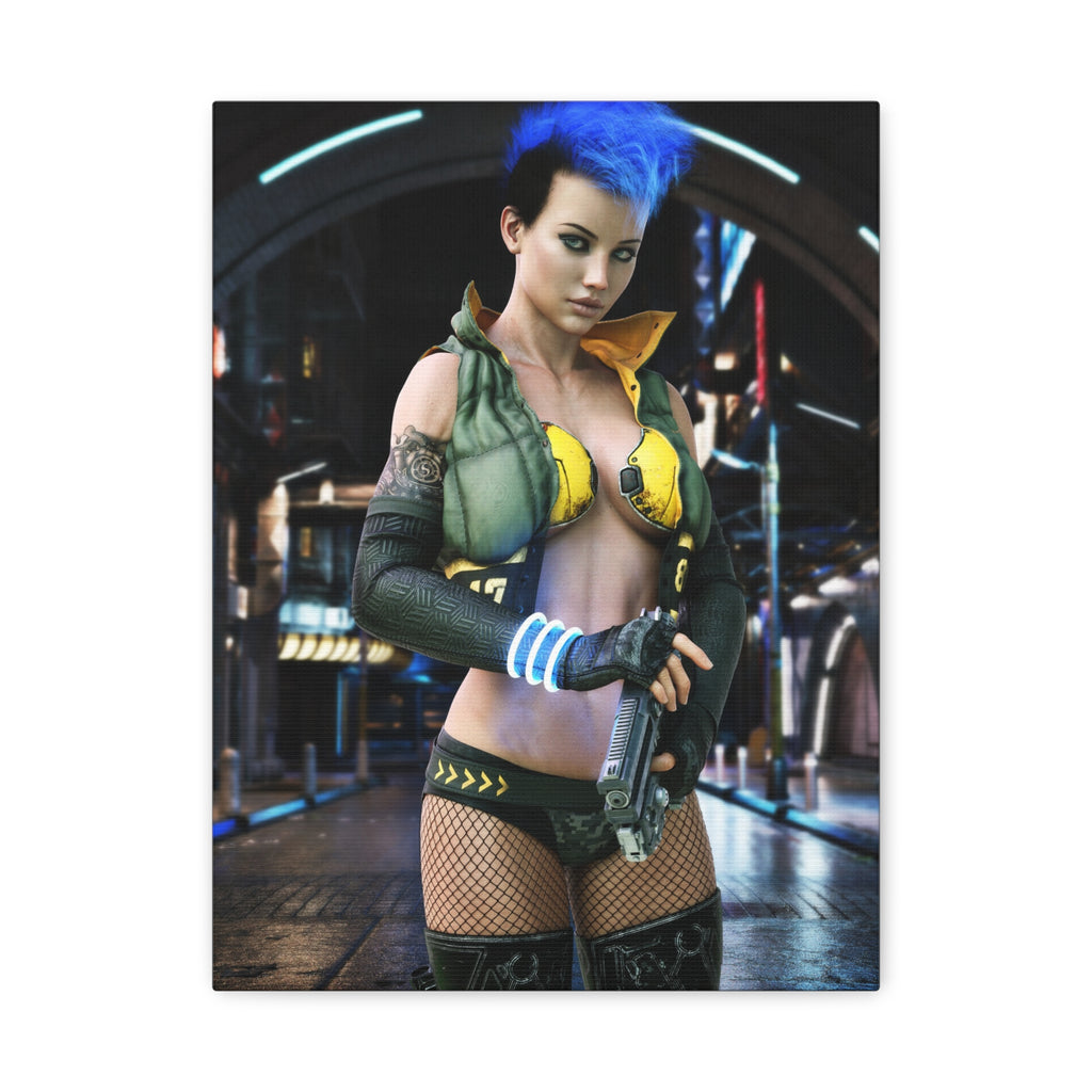 Cyberpunk Femme Fatale Canvas Print — Matte Stretched Wall Art -No AI- Human created illustration art