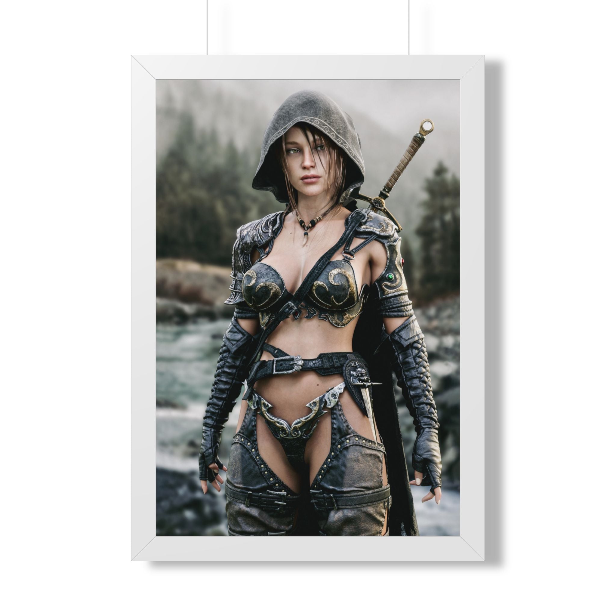 Framed Poster - Fantasy Female Ranger Warrior Art (Vertical) - No AI- Human created illustration art