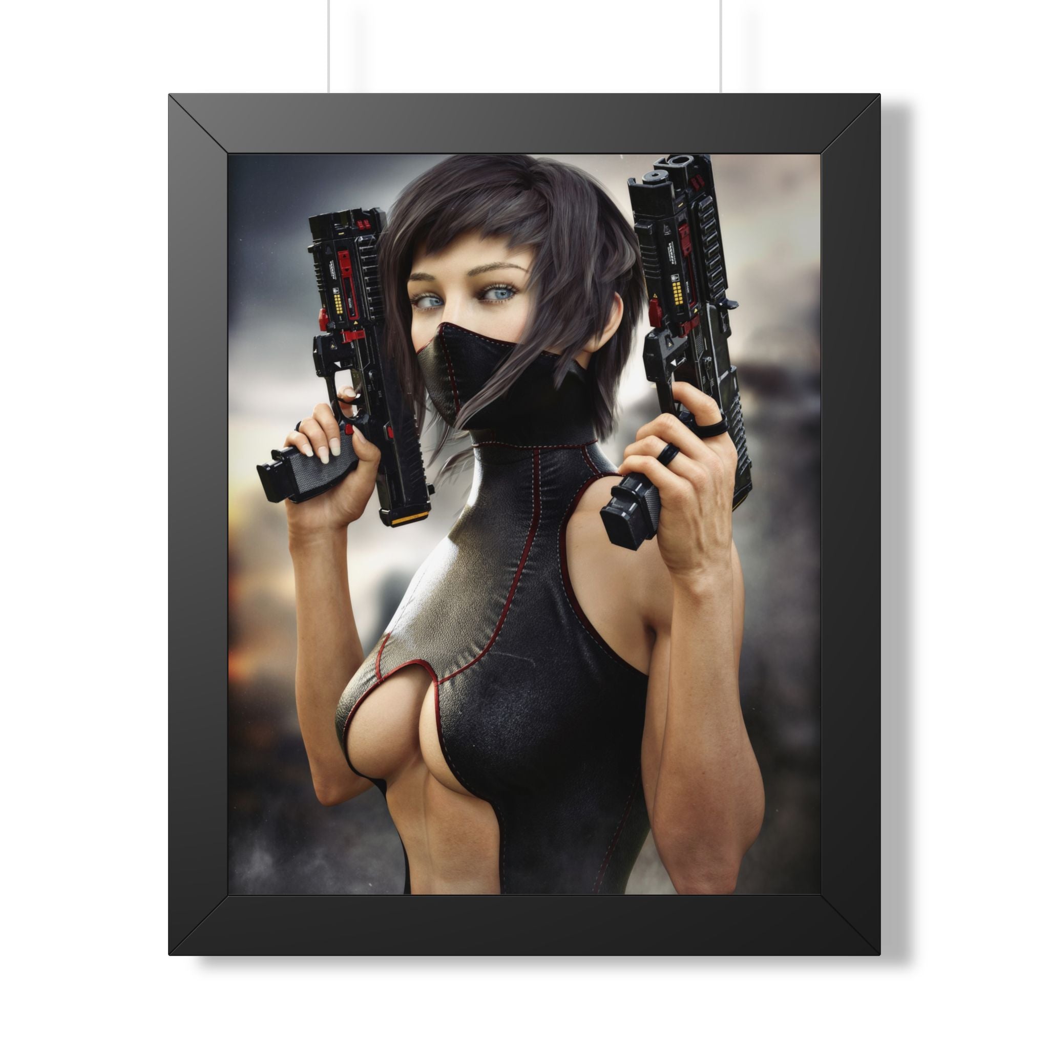 Framed Poster — Cyberpunk Female Assassin Art Print - No AI - Human created illustration art