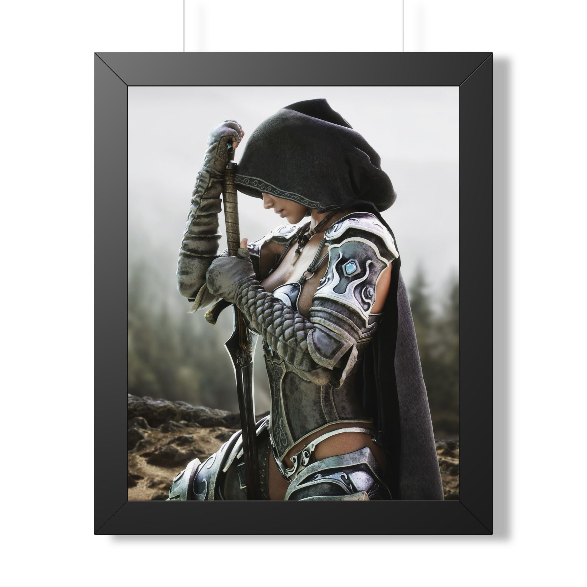 Póster enmarcado — Obra de arte de guerrera de fantasía (vertical) - Sin IA - Ilustración creada por humanos
