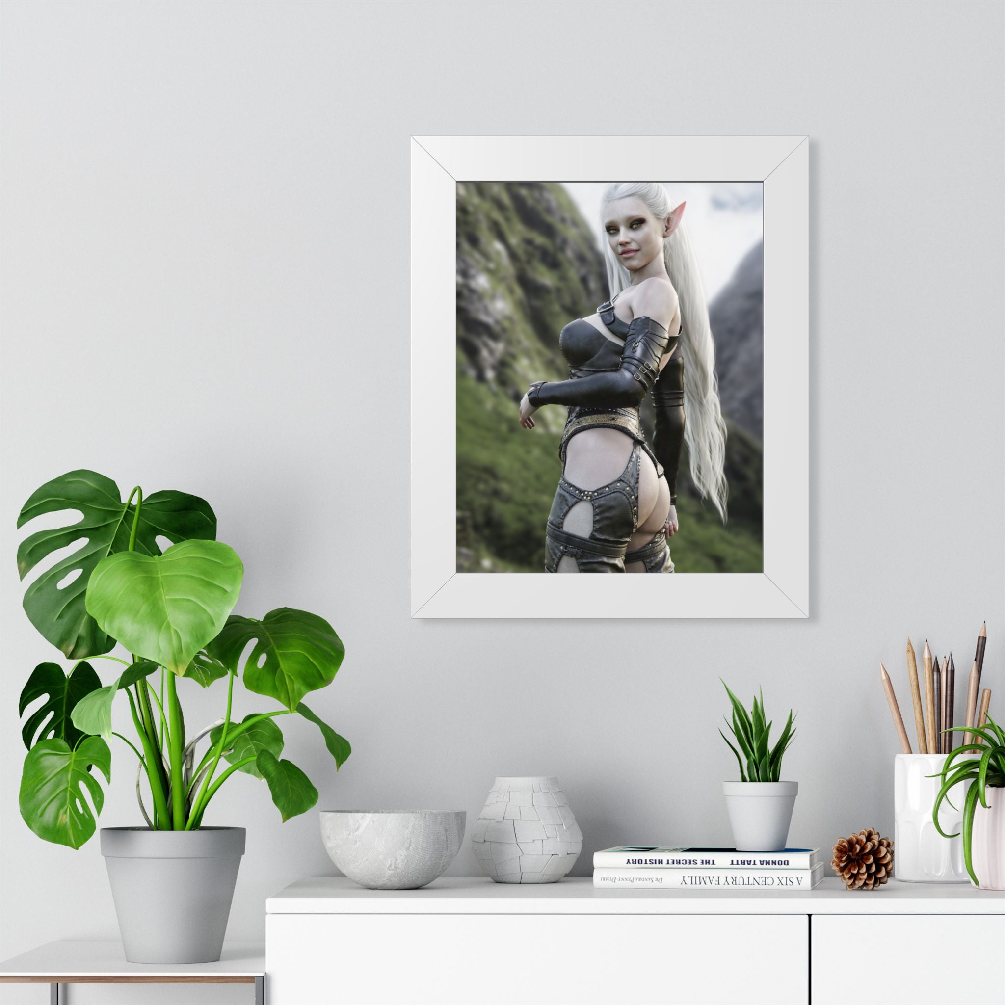 Póster Guerrera Elfa — Lámina Vertical Fantasía Enmarcada - No IA - Ilustración de arte creada por humanos.