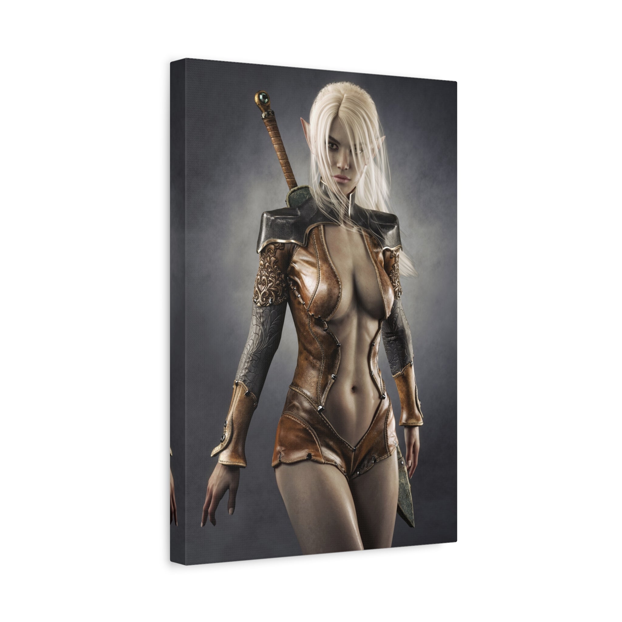 Lienzo decorativo Elfa Guerrera de Fantasía — Luchadora con Espada Sexy Impresión Artística Mate Estirada - No IA - Ilustraciones creadas por humanos