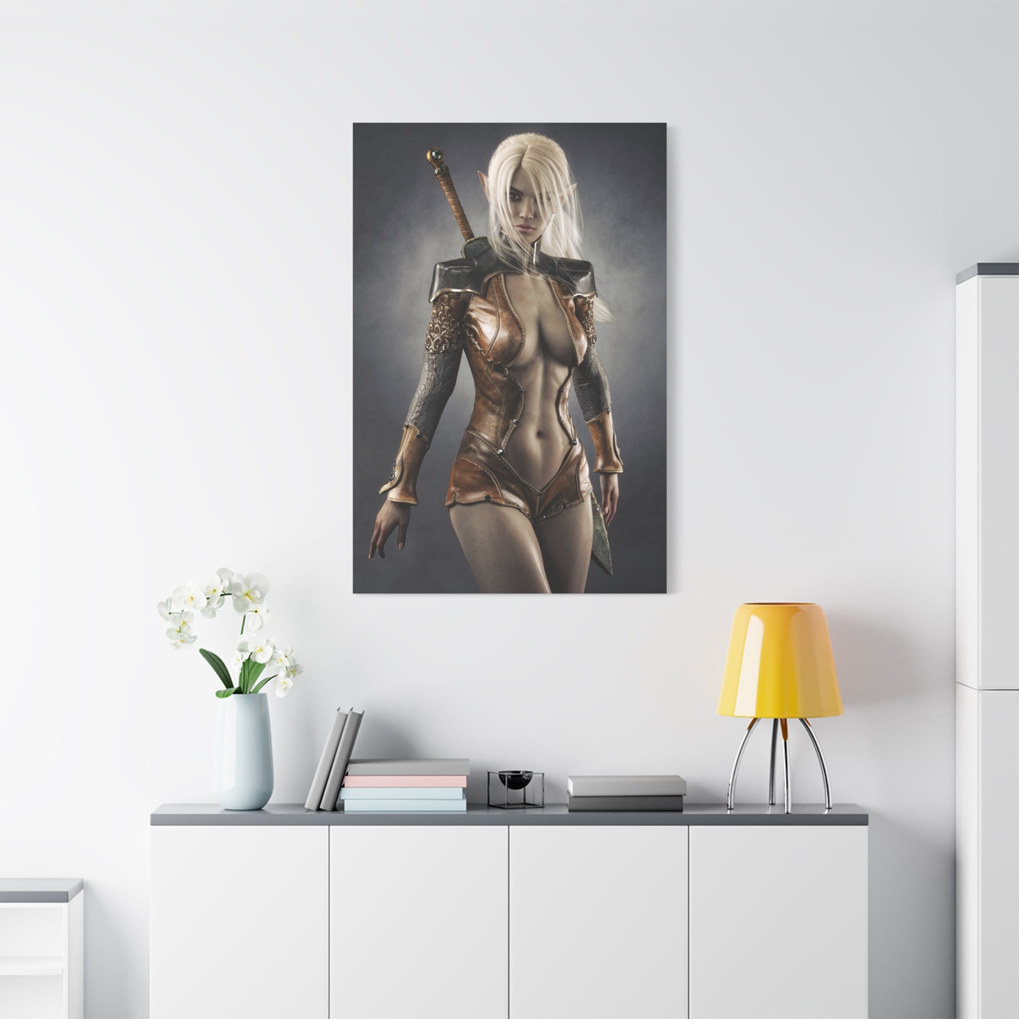 Fantasy Warrior Elf Canvas Print — Sexy Female Swordfighter Matte Stretched Art- No AI- Human created illuration art