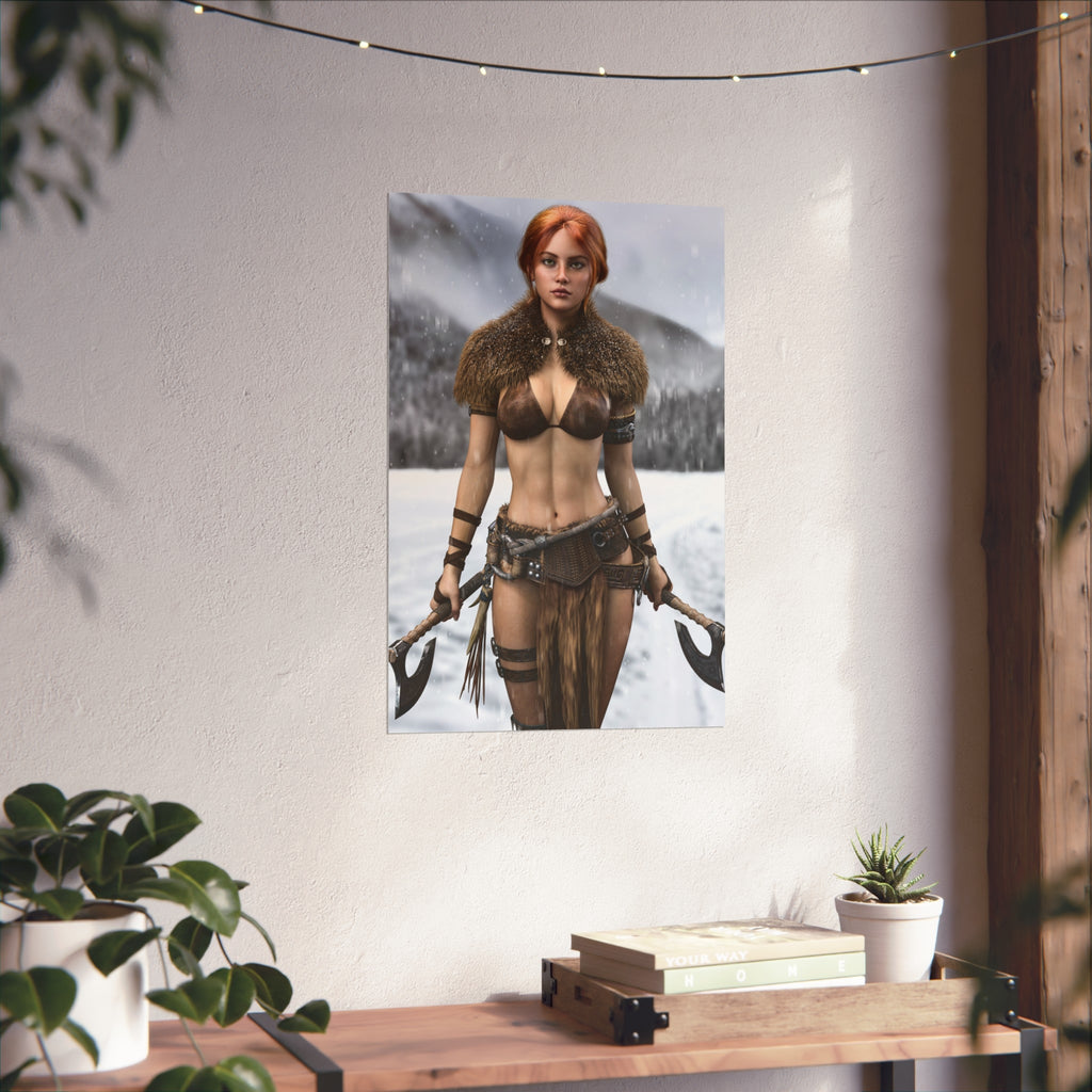 Viking Warrior Woman Fine Art Poster — Red-Haired Norse Axe Fighter Print