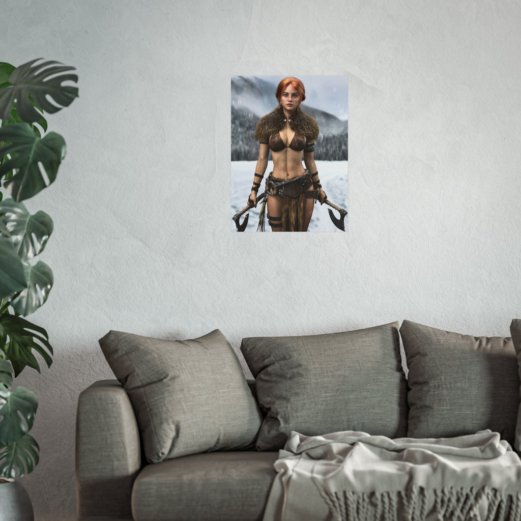 Viking Warrior Woman Fine Art Poster — Red-Haired Norse Axe Fighter Print