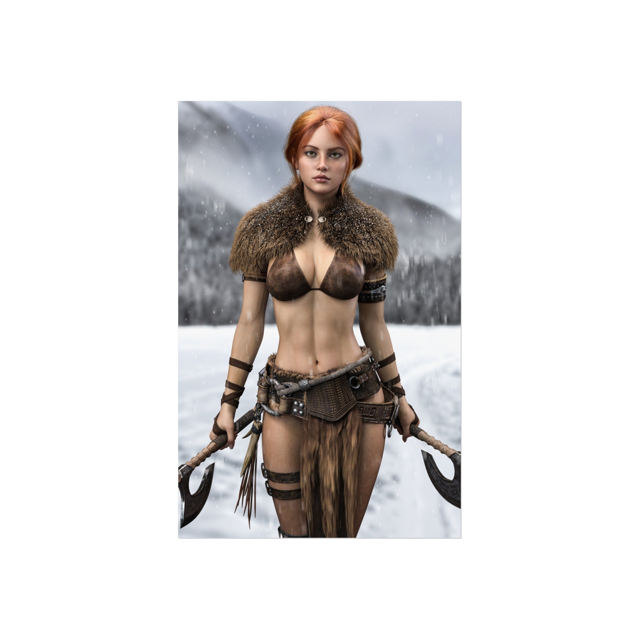Viking Warrior Woman Fine Art Poster — Red-Haired Norse Axe Fighter Print