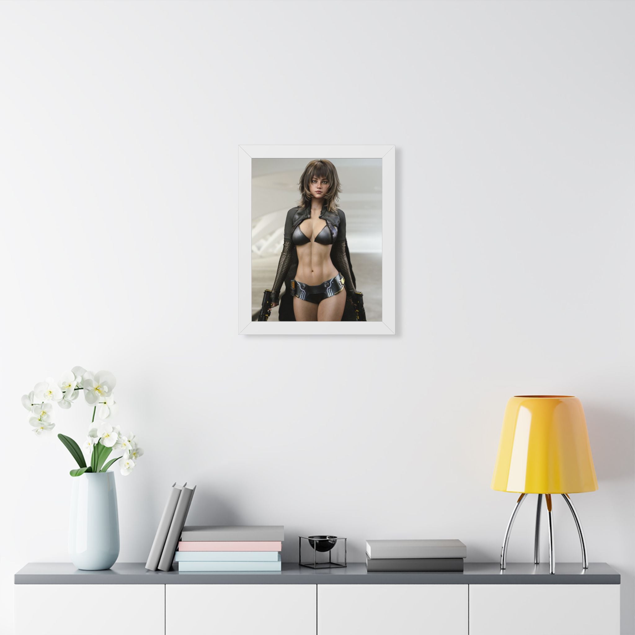 Framed Poster — Futuristic Female Warrior Art Print- No AI - Human created illustration art