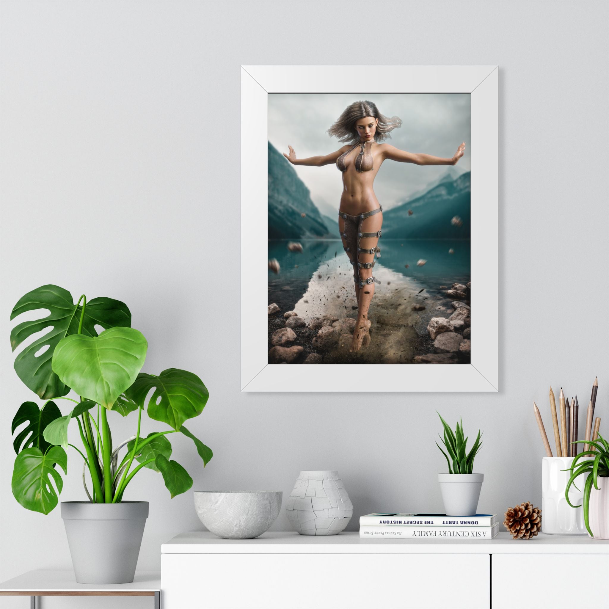 Framed Poster — Ethereal Goddess Sorceress Lake Art Print -No AI- Human created illustration art
