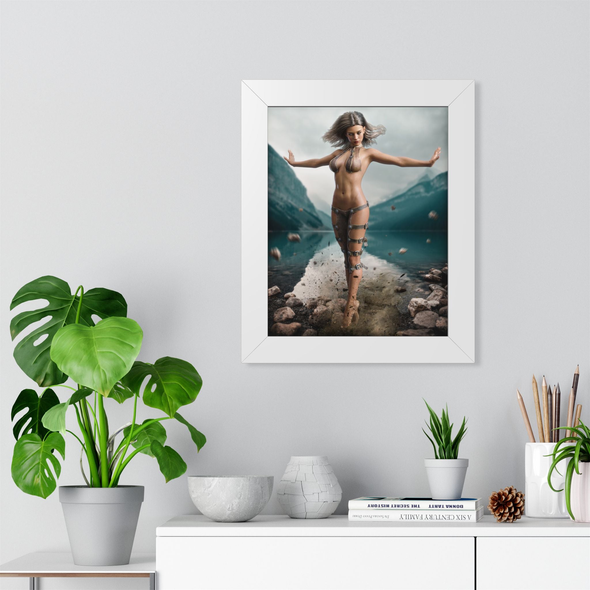 Framed Poster — Ethereal Goddess Sorceress Lake Art Print -No AI- Human created illustration art
