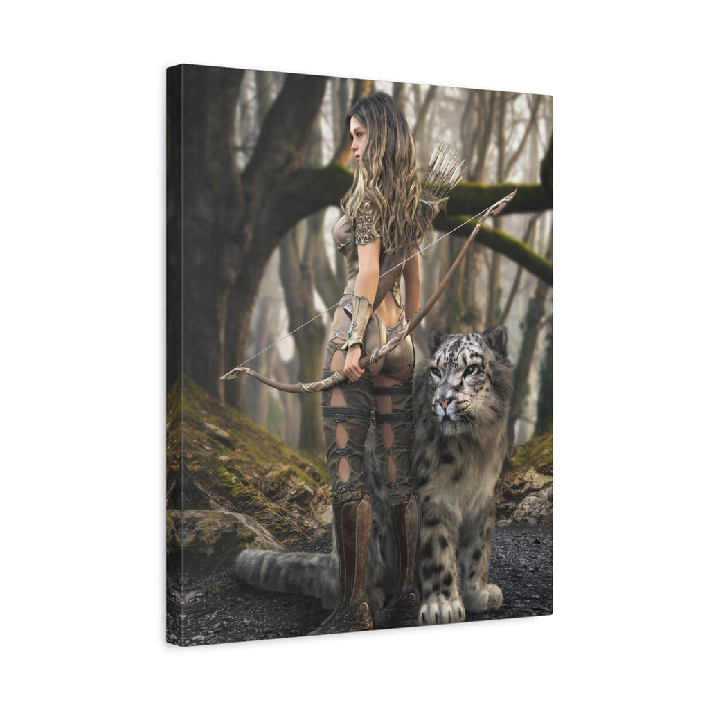Fantasy Archer Warrior with  Leopard - Matte Stretched Canvas Wall Art - No ai - human created illustration art