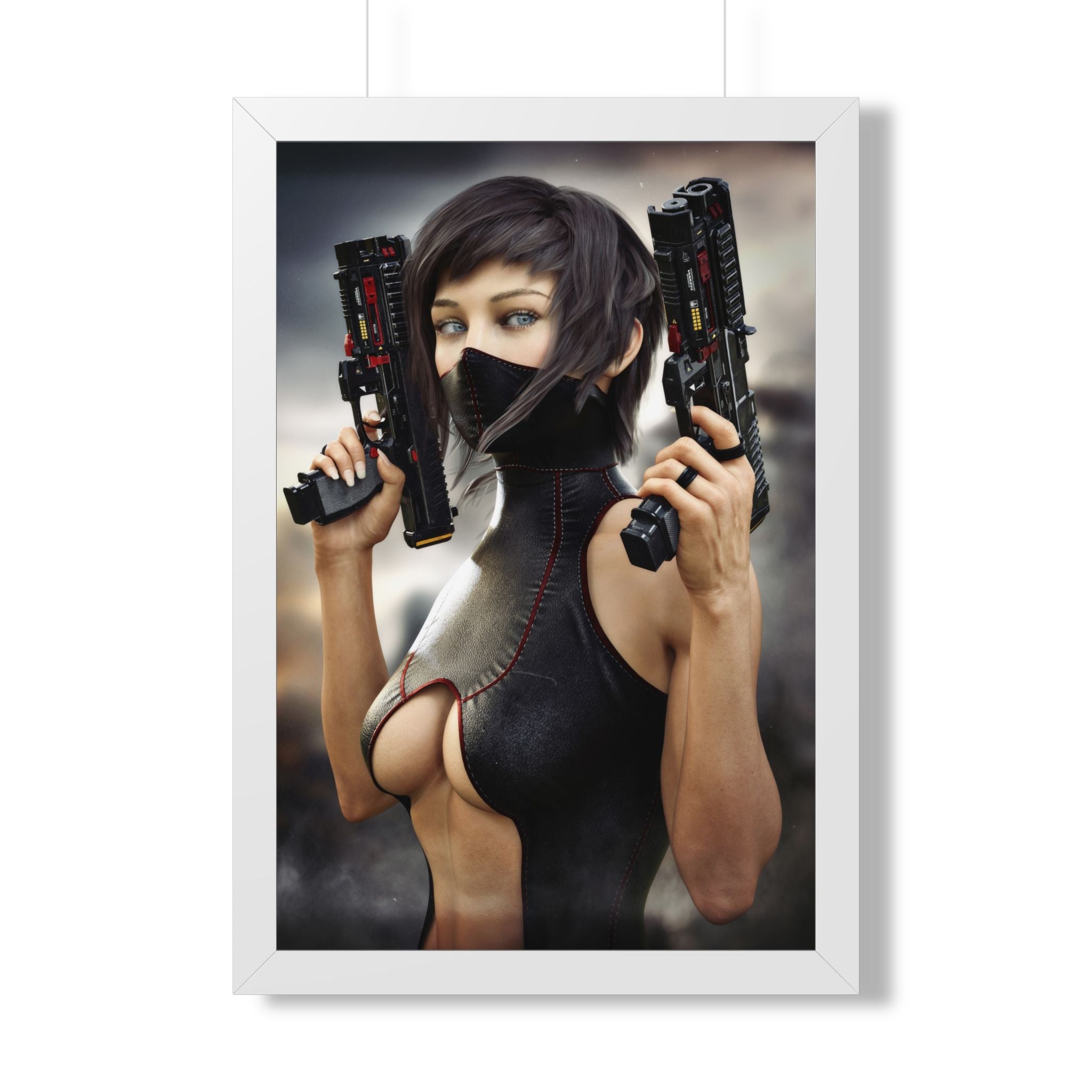Framed Poster — Cyberpunk Female Assassin Art Print - No AI - Human created illustration art