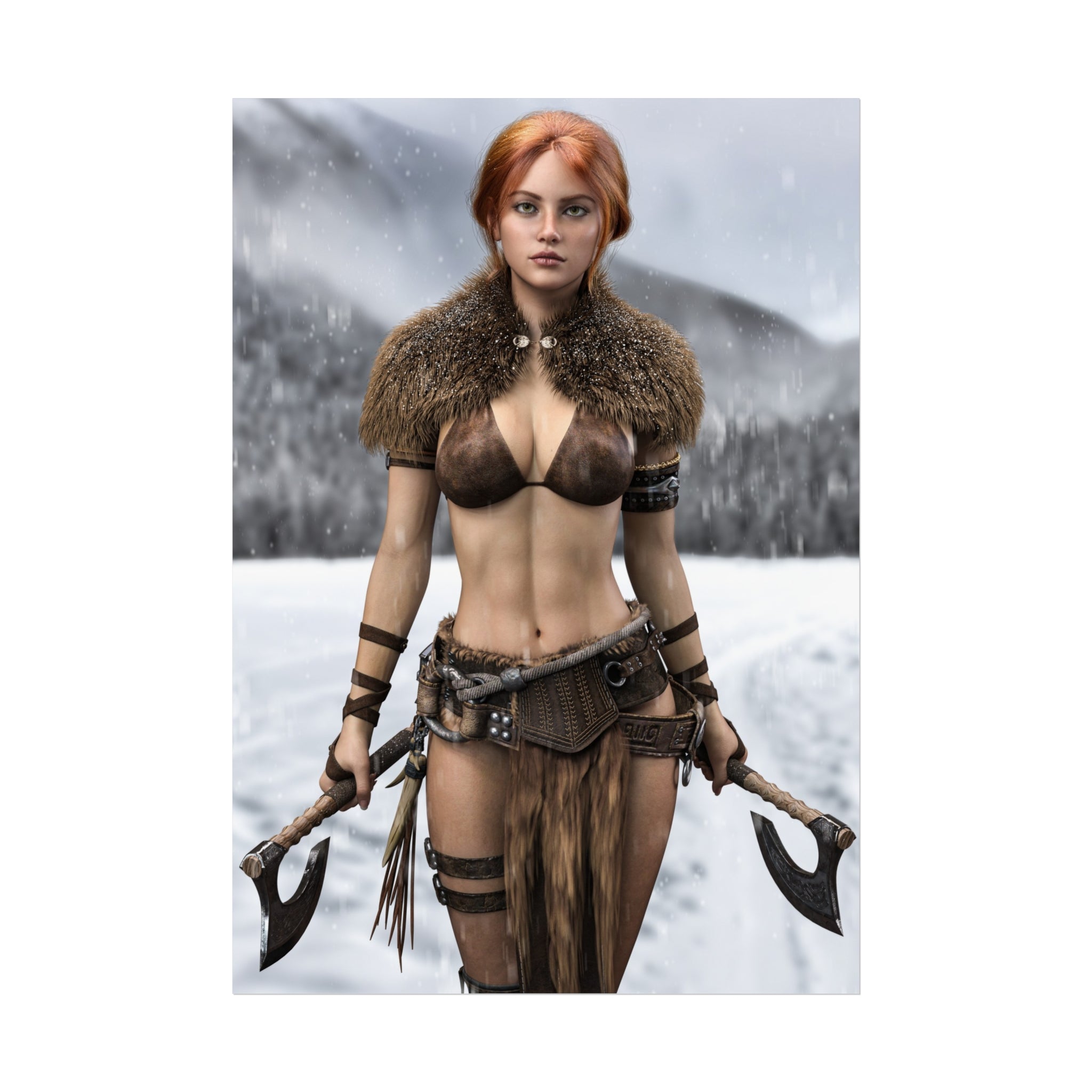 Viking Warrior Woman Fine Art Poster — Red-Haired Norse Axe Fighter Print