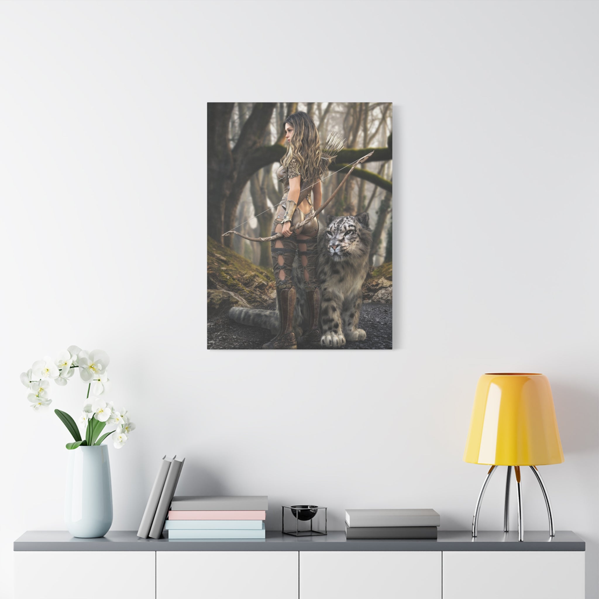 Fantasy Archer Warrior with  Leopard - Matte Stretched Canvas Wall Art - No ai - human created illustration art
