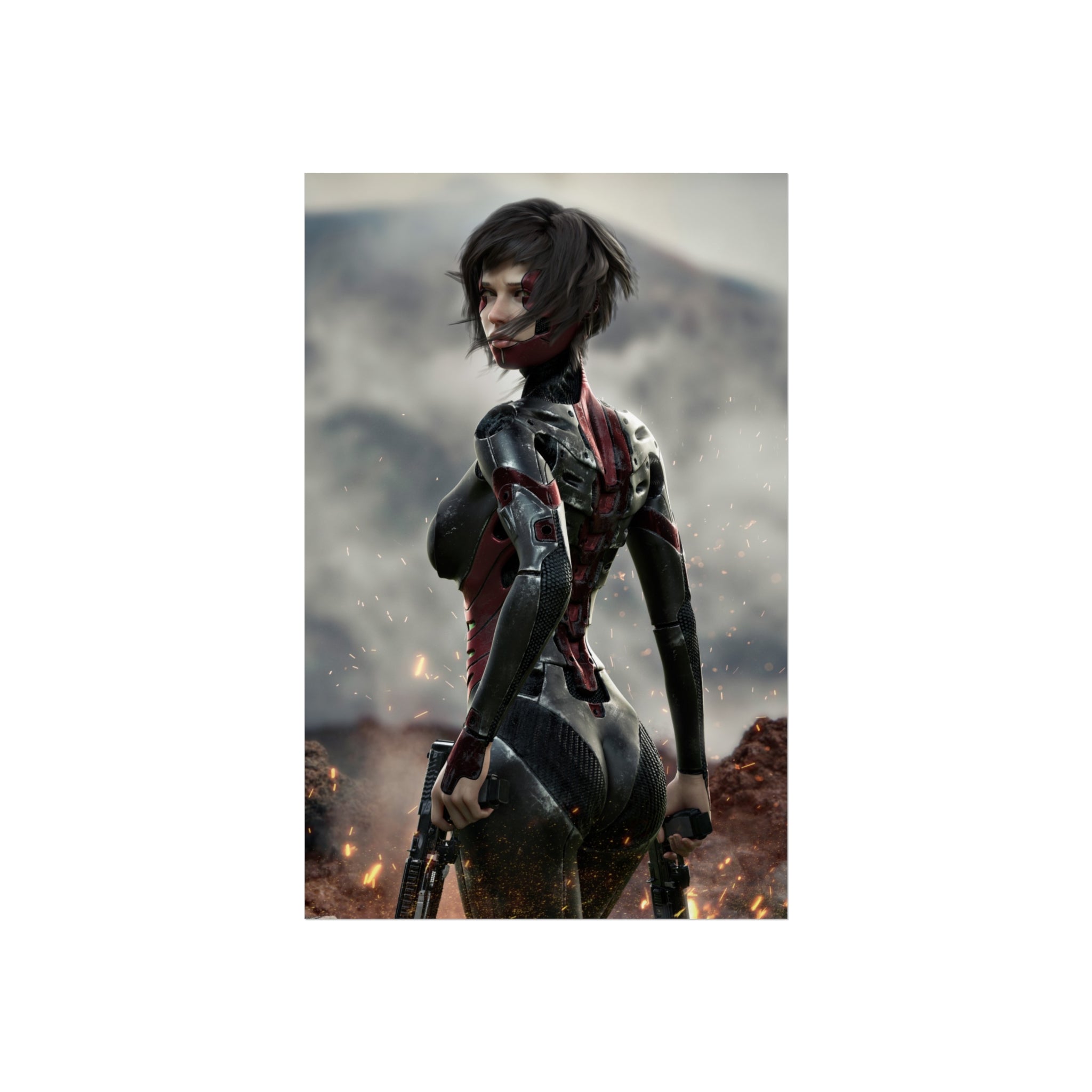 Póster de arte fino de guerrera de ciencia ficción — Arte de pared de soldado cibernética femenina - Sin IA - Arte ilustrativo creado por humanos