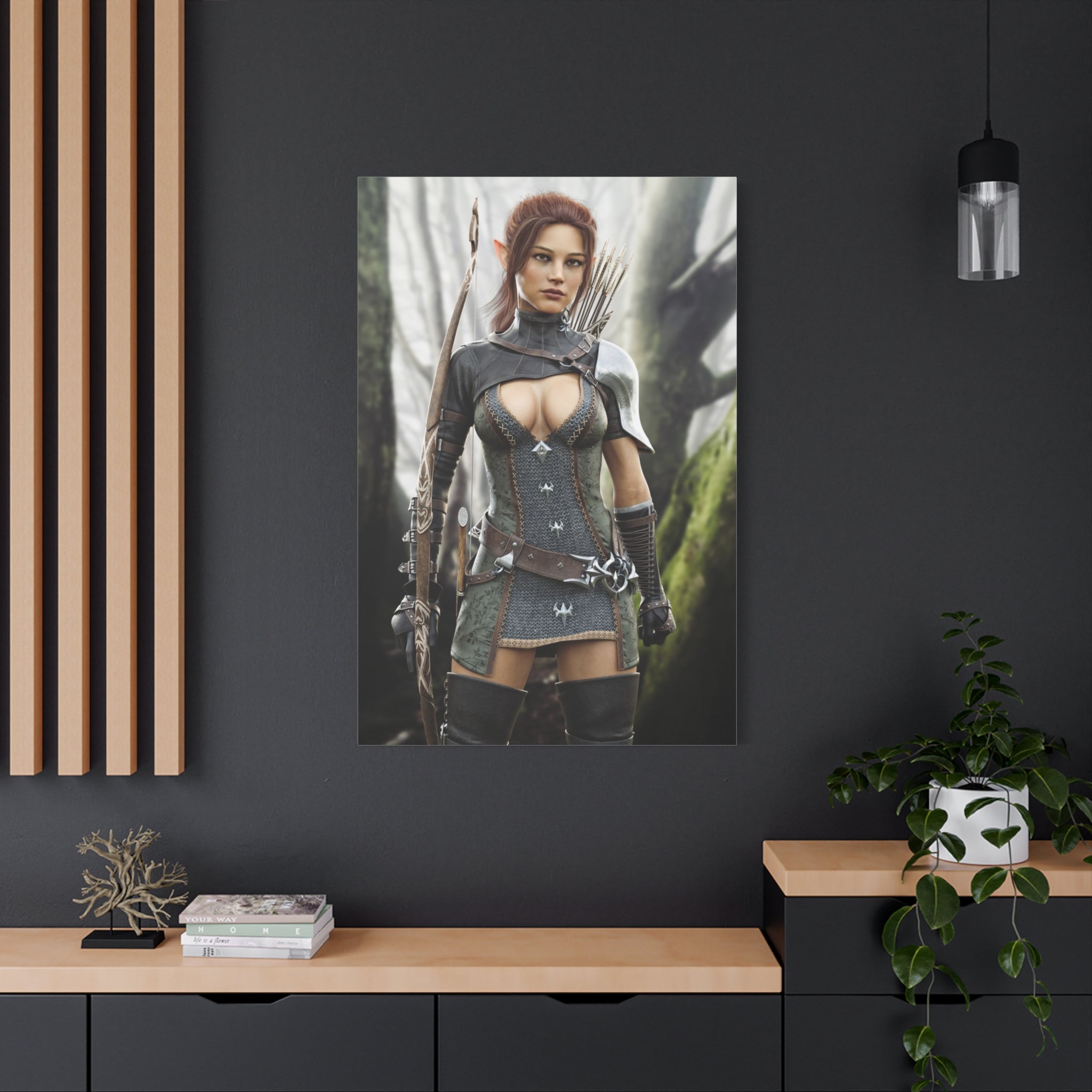 Fantasy Wood Elf Archer Warrior Canvas Print — Matte Stretched Wall Art - No Ai - human created illustration art