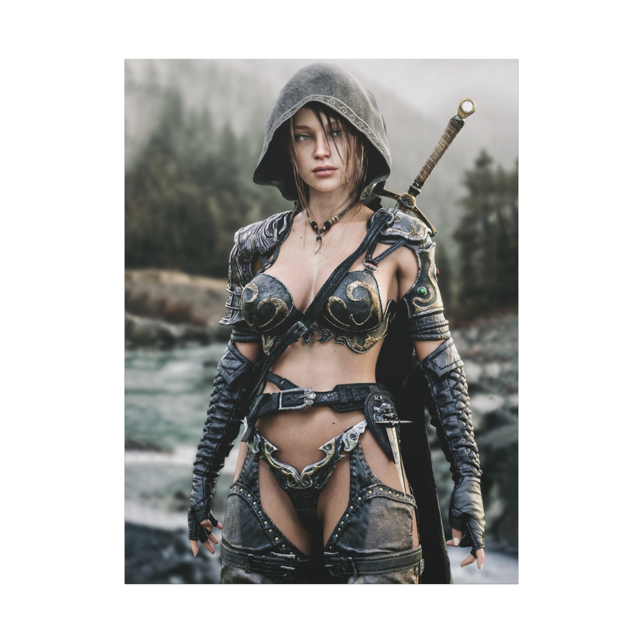 Female Warrior Ranger Fantasy Canvas Print - Matte Stretched Wall Art - No AI - Human created illustration art