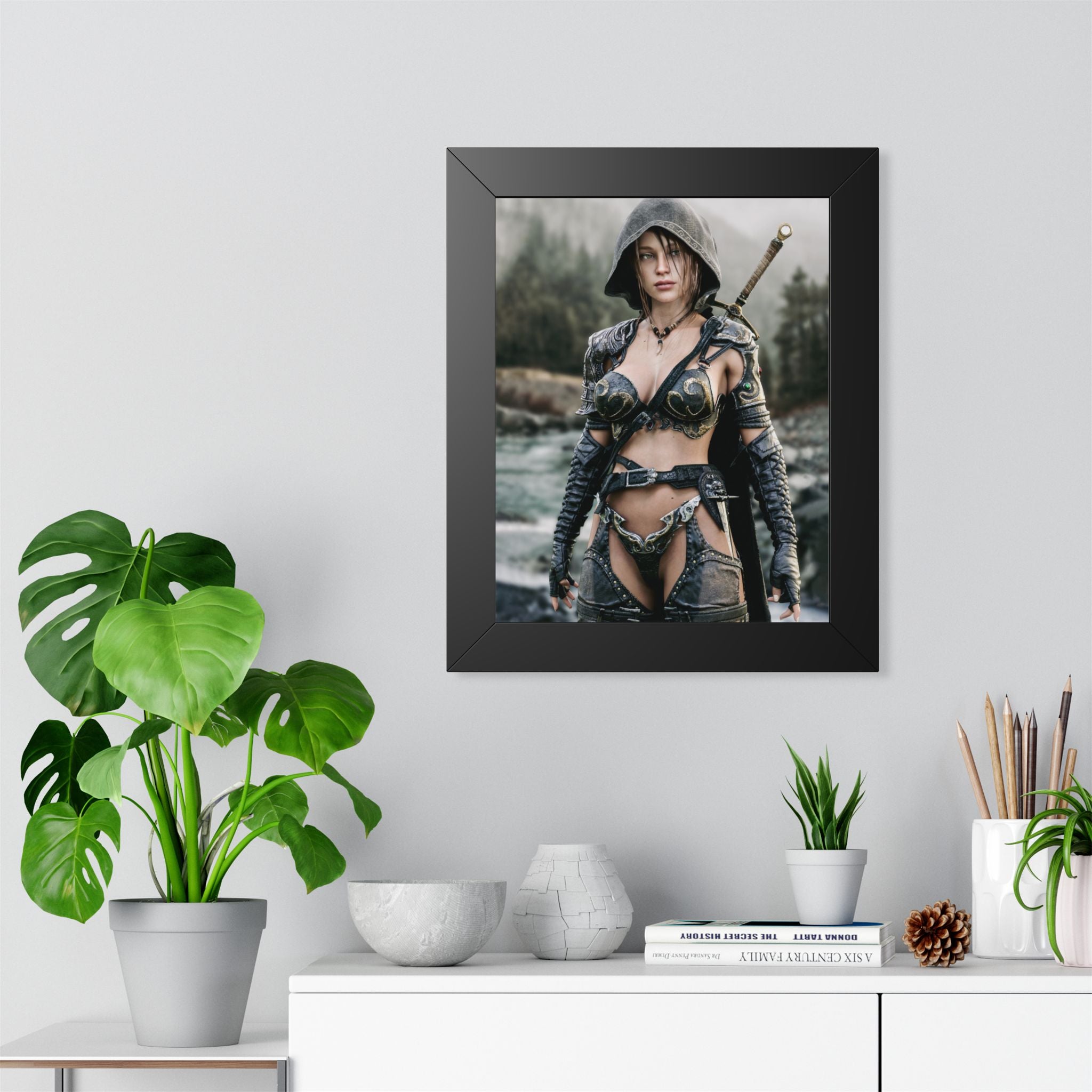 Framed Poster - Fantasy Female Ranger Warrior Art (Vertical) - No AI- Human created illustration art