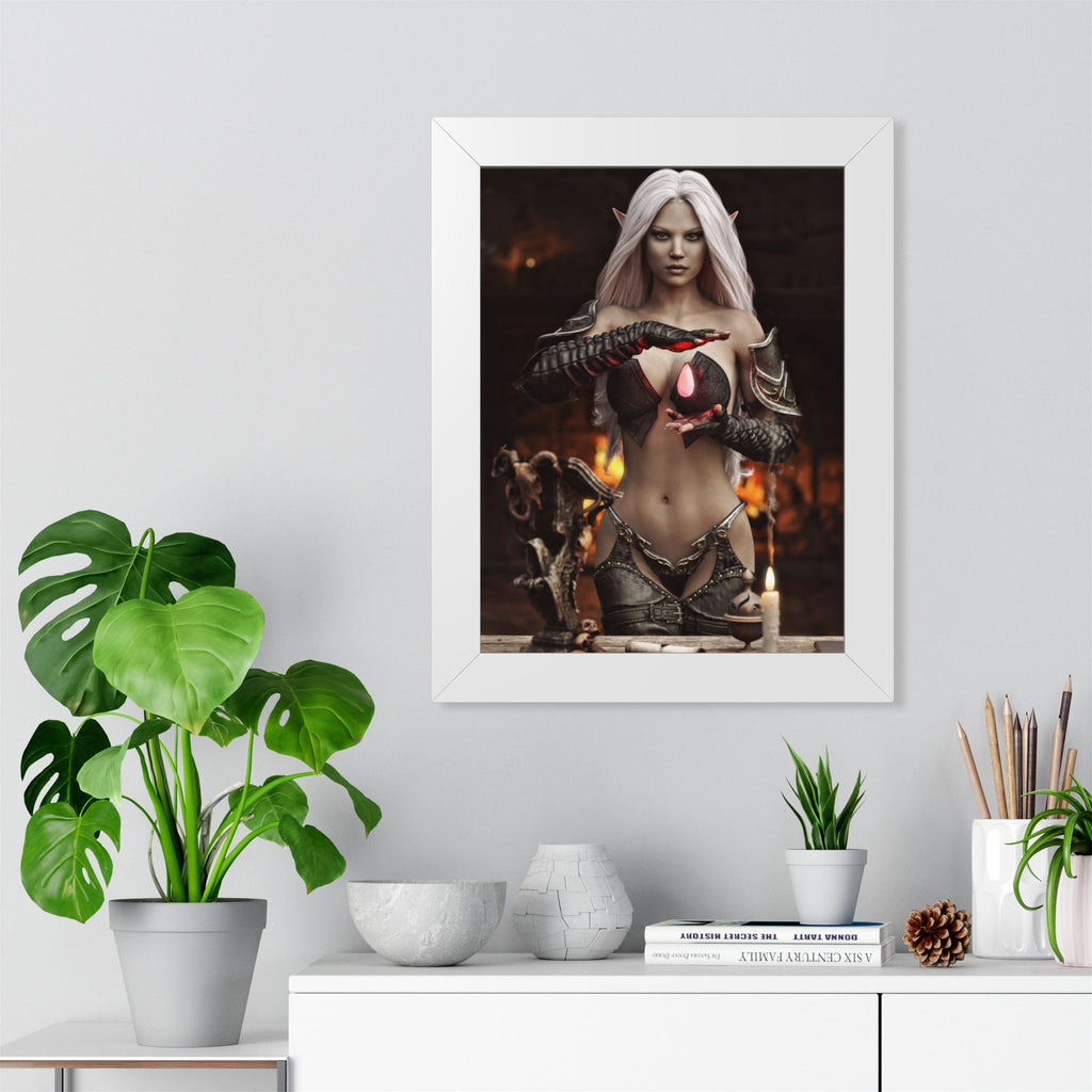 Framed Poster — Dark Fantasy Elf Sorceress with Glowing Orb- NO AI - Human made illustration