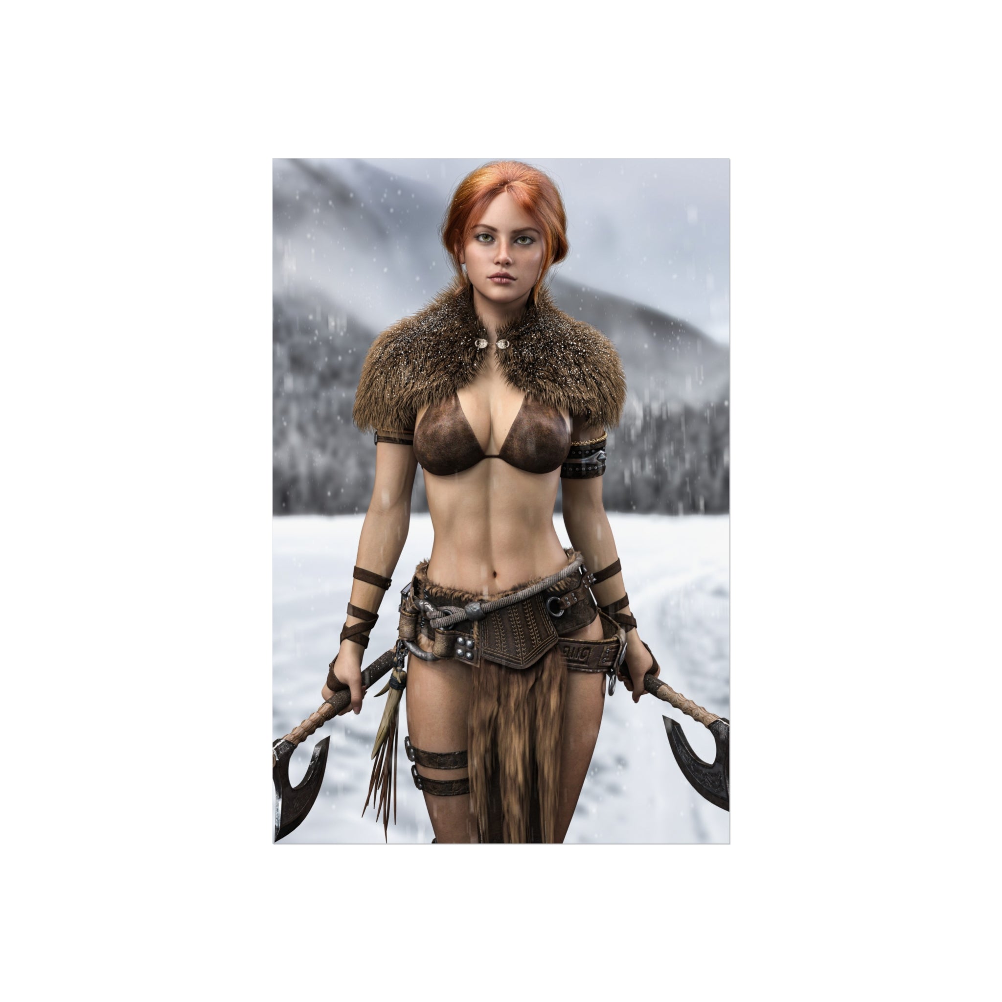 Viking Warrior Woman Fine Art Poster — Red-Haired Norse Axe Fighter Print